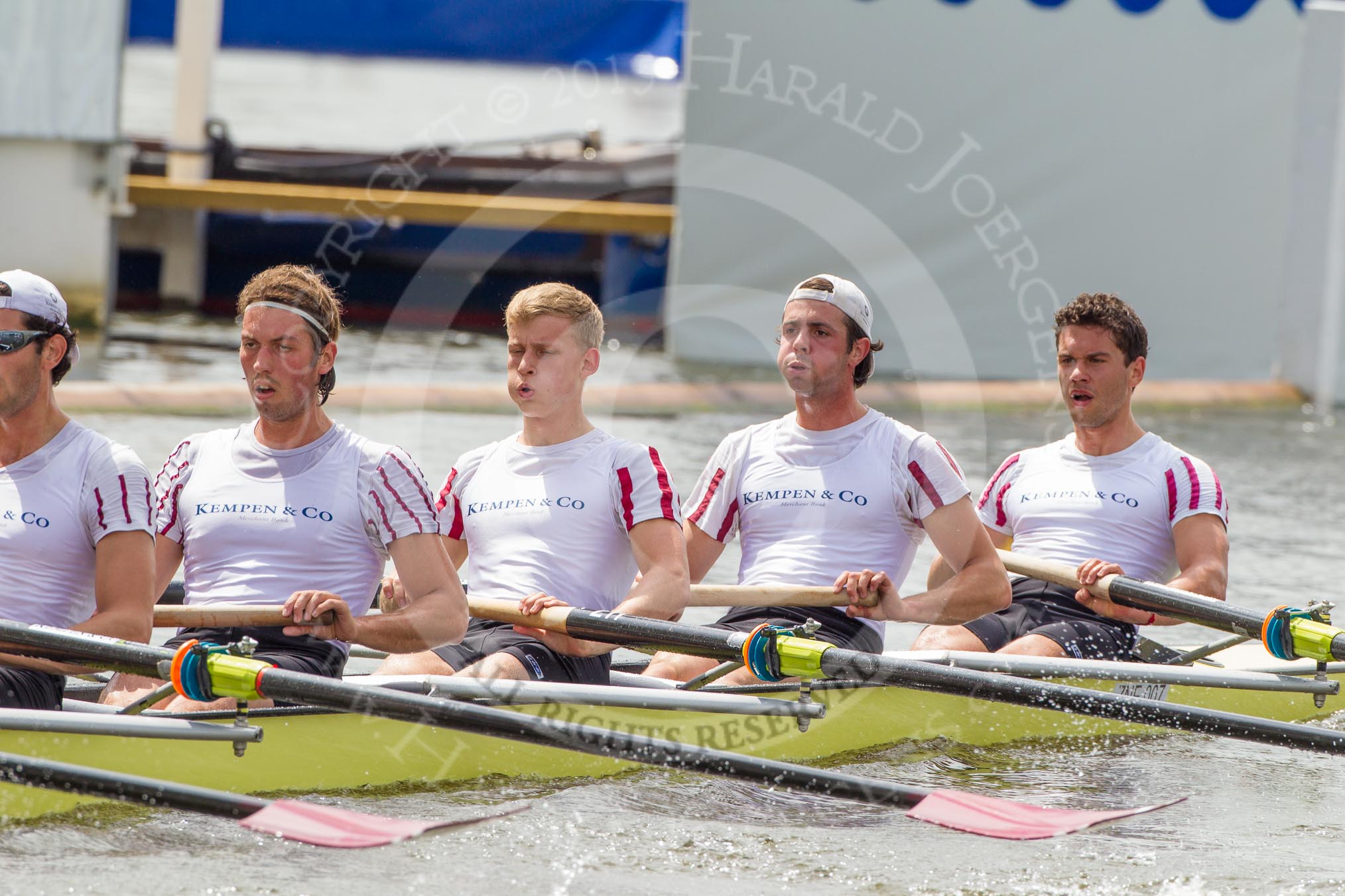 Henley Royal Regatta 2012 (Thursday): Race 27, Temple Challenge Cup:  St Paul's School (100, Bucks) v Amsterdamsche Studenten Roeivereeniging Nereus, Holland 'A'  (55, Berks).
River Thames beteen Henley-on-Thames and Remenham/Temple Island ,
Henley-on-Thames,
Oxfordshire,
United Kingdom,
on 28 June 2012 at 11:41, image #190