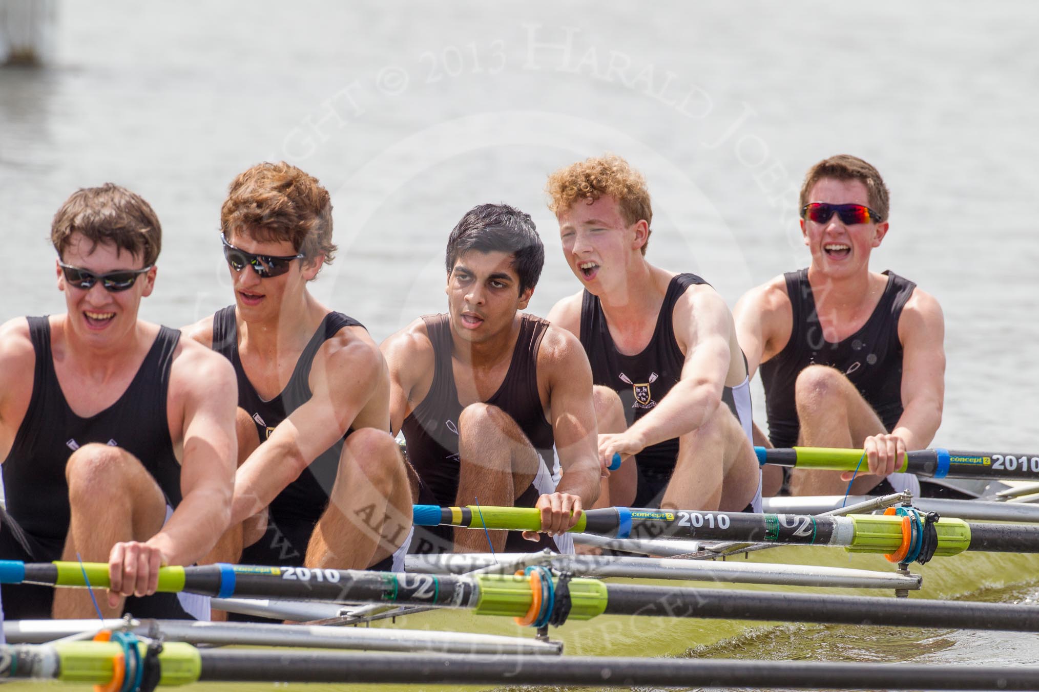 Henley Royal Regatta 2012 (Thursday): Race 27, Temple Challenge Cup:  St Paul's School (100, Bucks) v Amsterdamsche Studenten Roeivereeniging Nereus, Holland 'A'  (55, Berks).
River Thames beteen Henley-on-Thames and Remenham/Temple Island ,
Henley-on-Thames,
Oxfordshire,
United Kingdom,
on 28 June 2012 at 11:41, image #194