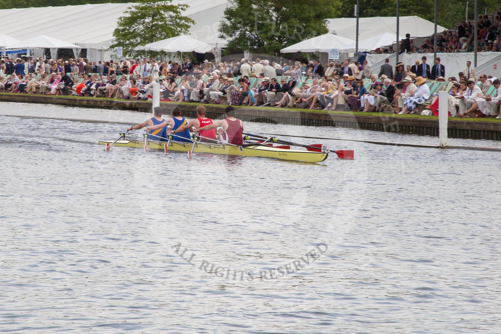 Henley Royal Regatta 2012 (Thursday): Race 29, Prince of Wales Challenge Cup:  Auriol Kensington Rowing Club and Quintin Boat Club (265, Bucks) v Burway Rowing Club and Marlow Rowing Club  (266, Berks).
River Thames beteen Henley-on-Thames and Remenham/Temple Island ,
Henley-on-Thames,
Oxfordshire,
United Kingdom,
on 28 June 2012 at 11:51, image #202