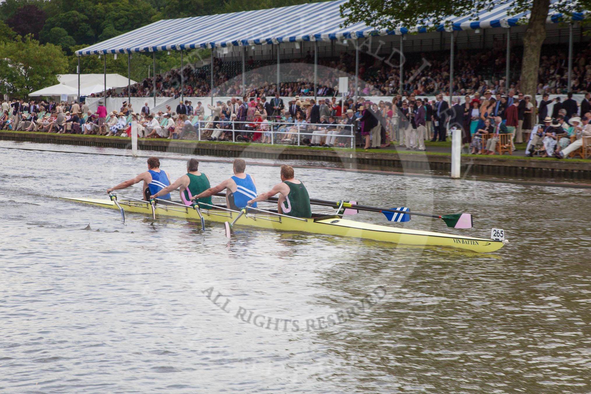 Henley Royal Regatta 2012 (Thursday): Race 29, Prince of Wales Challenge Cup:  Auriol Kensington Rowing Club and Quintin Boat Club (265, Bucks) v Burway Rowing Club and Marlow Rowing Club  (266, Berks).
River Thames beteen Henley-on-Thames and Remenham/Temple Island ,
Henley-on-Thames,
Oxfordshire,
United Kingdom,
on 28 June 2012 at 11:51, image #204