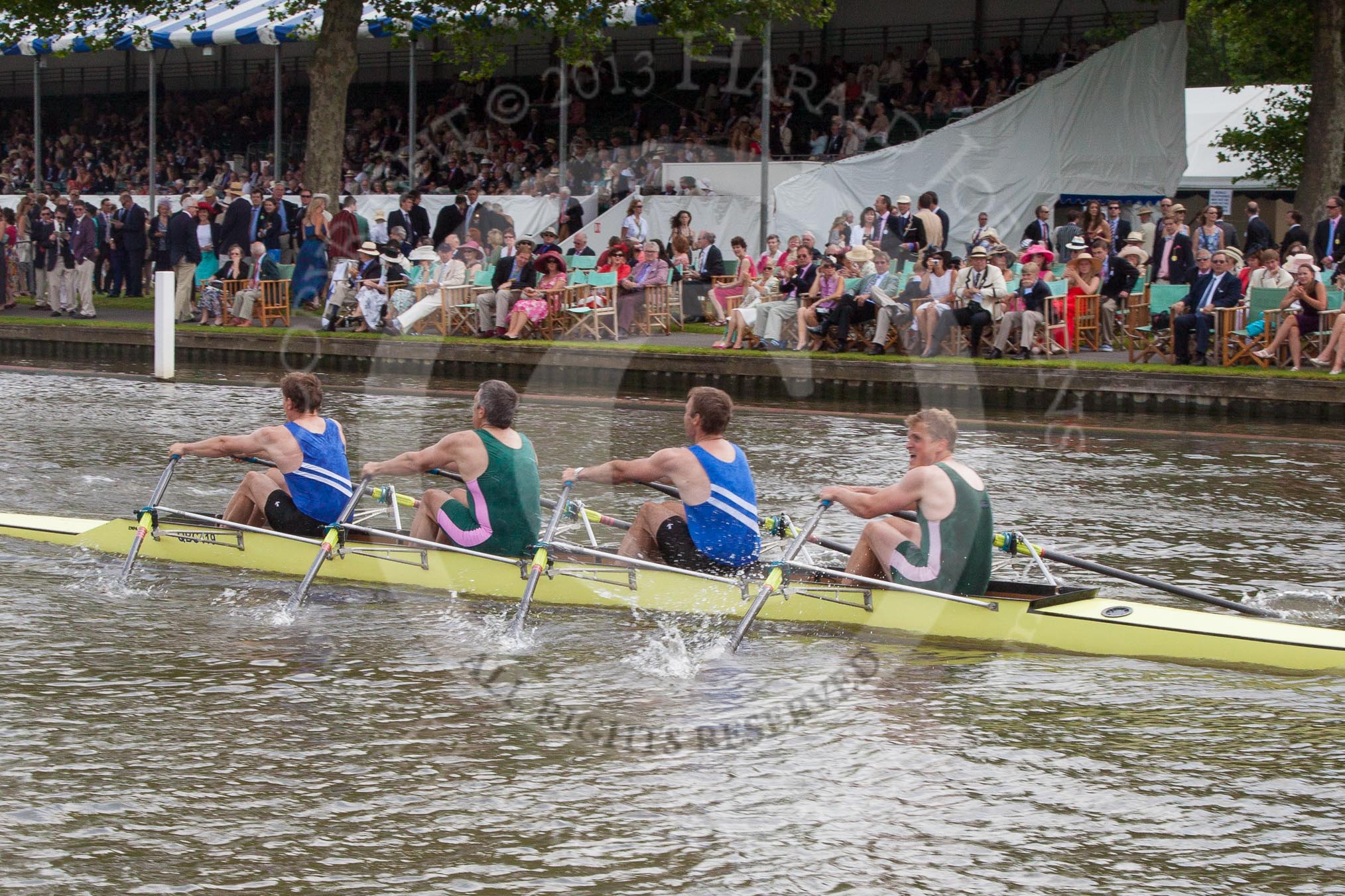 Henley Royal Regatta 2012 (Thursday): Race 29, Prince of Wales Challenge Cup:  Auriol Kensington Rowing Club and Quintin Boat Club (265, Bucks) v Burway Rowing Club and Marlow Rowing Club  (266, Berks).
River Thames beteen Henley-on-Thames and Remenham/Temple Island ,
Henley-on-Thames,
Oxfordshire,
United Kingdom,
on 28 June 2012 at 11:51, image #205