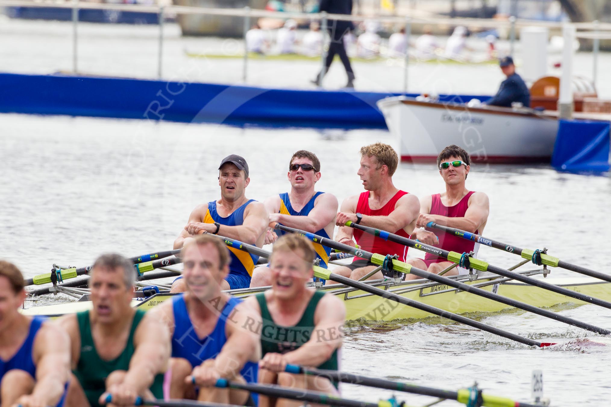 Henley Royal Regatta 2012 (Thursday): Race 29, Prince of Wales Challenge Cup:  Auriol Kensington Rowing Club and Quintin Boat Club (265, Bucks) v Burway Rowing Club and Marlow Rowing Club  (266, Berks).
River Thames beteen Henley-on-Thames and Remenham/Temple Island ,
Henley-on-Thames,
Oxfordshire,
United Kingdom,
on 28 June 2012 at 11:51, image #207