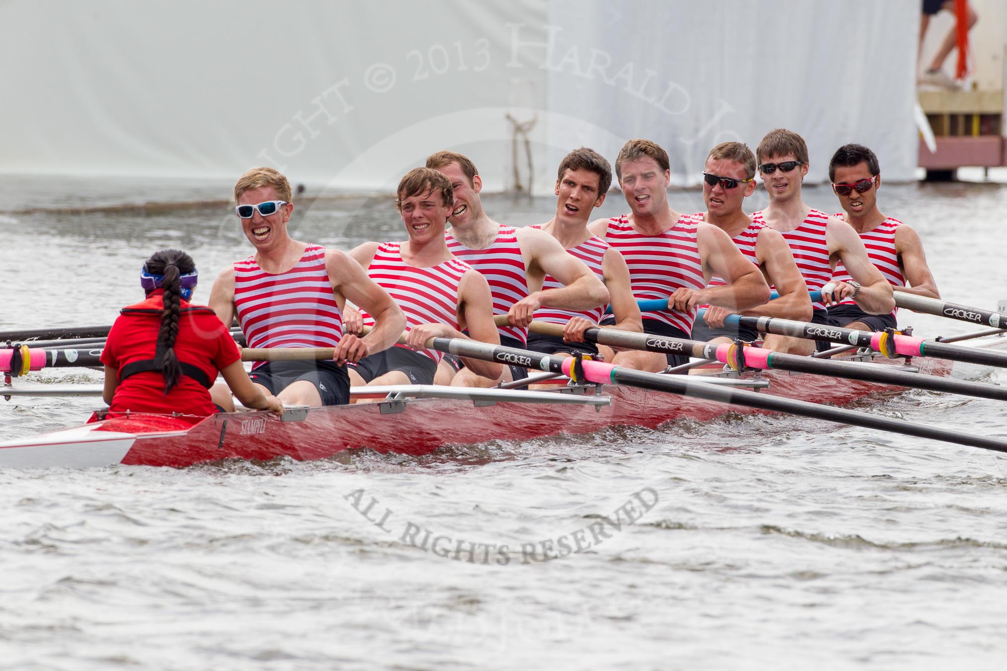 Henley Royal Regatta 2012 (Thursday): Race 31, Thames Challenge Cup:  London Rowing Club (28, Bucks) v Kingston Rowing Club  (25, Berks).
River Thames beteen Henley-on-Thames and Remenham/Temple Island ,
Henley-on-Thames,
Oxfordshire,
United Kingdom,
on 28 June 2012 at 12:05, image #225