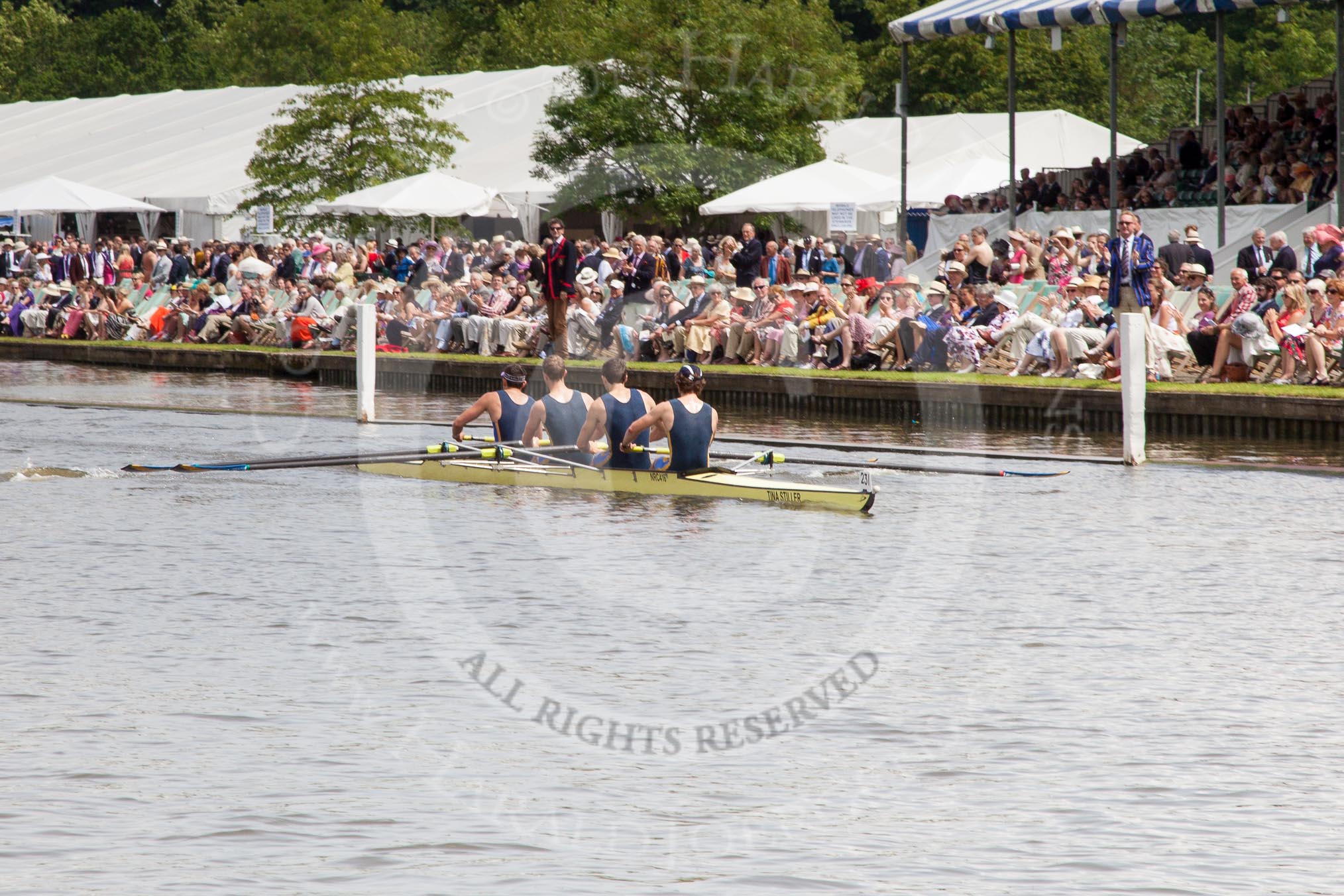 Henley Royal Regatta 2012 (Thursday): Race 33, Wyfold Challenge Cup:  Griffen Boat Club (218, Bucks) v Nottingham Rowing Club 'A'.  (231, Berks).
River Thames beteen Henley-on-Thames and Remenham/Temple Island ,
Henley-on-Thames,
Oxfordshire,
United Kingdom,
on 28 June 2012 at 12:16, image #233