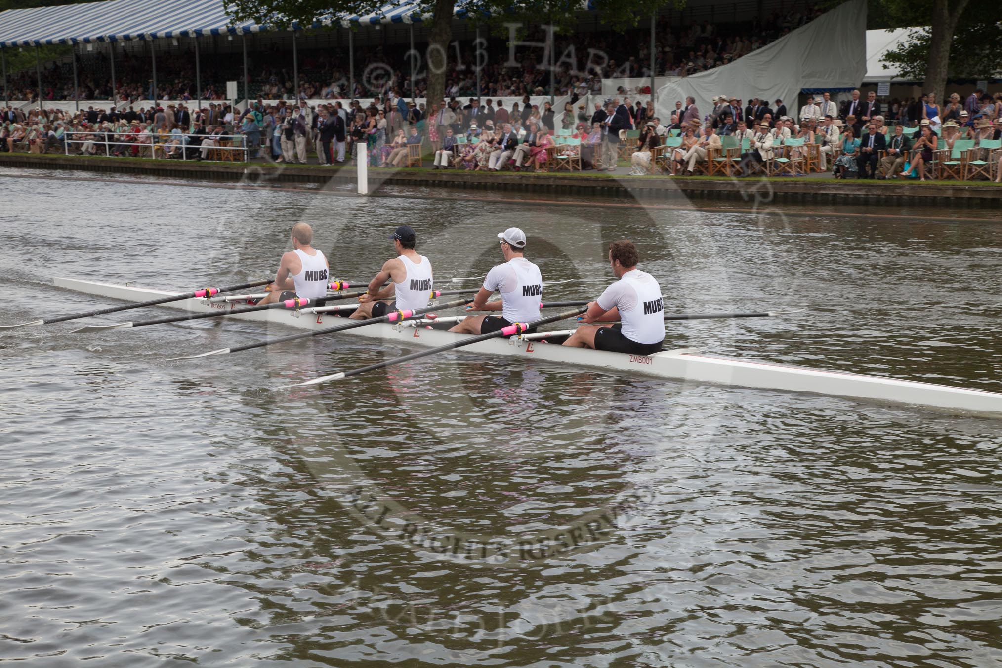 Henley Royal Regatta 2012 (Thursday): Race 34, Prince of Wales Challenge Cup:  Melbourne University, Australia (277, Bucks) v Rudern, Tennis und Hockey Club Bayer Leverkusen  (282, Berks).
River Thames beteen Henley-on-Thames and Remenham/Temple Island ,
Henley-on-Thames,
Oxfordshire,
United Kingdom,
on 28 June 2012 at 12:20, image #243