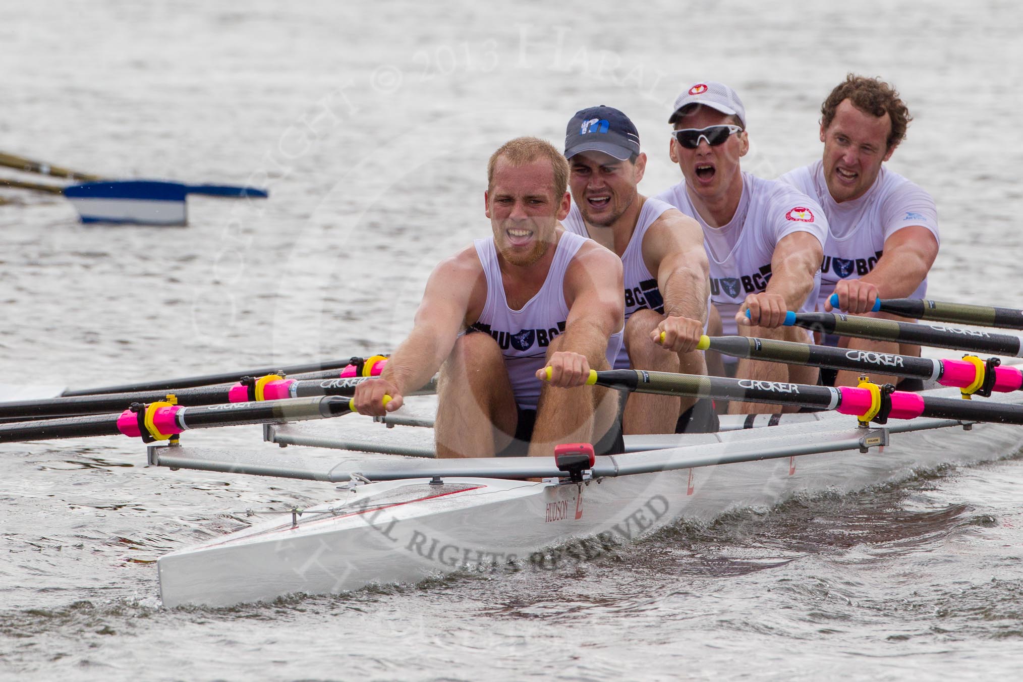 Henley Royal Regatta 2012 (Thursday): Race 34, Prince of Wales Challenge Cup:  Melbourne University, Australia (277, Bucks) v Rudern, Tennis und Hockey Club Bayer Leverkusen  (282, Berks).
River Thames beteen Henley-on-Thames and Remenham/Temple Island ,
Henley-on-Thames,
Oxfordshire,
United Kingdom,
on 28 June 2012 at 12:21, image #247