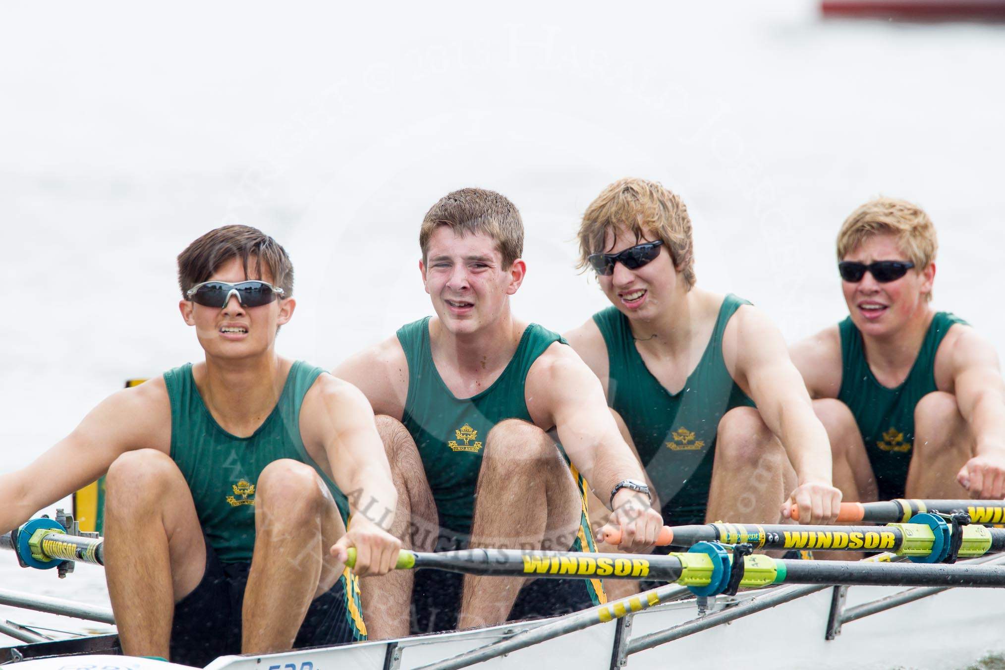 Henley Royal Regatta 2012 (Thursday): Race 38, Fawley Challenge Cup:  The Windsor Boys' School 'C' (322, Bucks) v Marlow Rowing Club 'A' (306, Berks).
River Thames beteen Henley-on-Thames and Remenham/Temple Island ,
Henley-on-Thames,
Oxfordshire,
United Kingdom,
on 28 June 2012 at 14:16, image #276