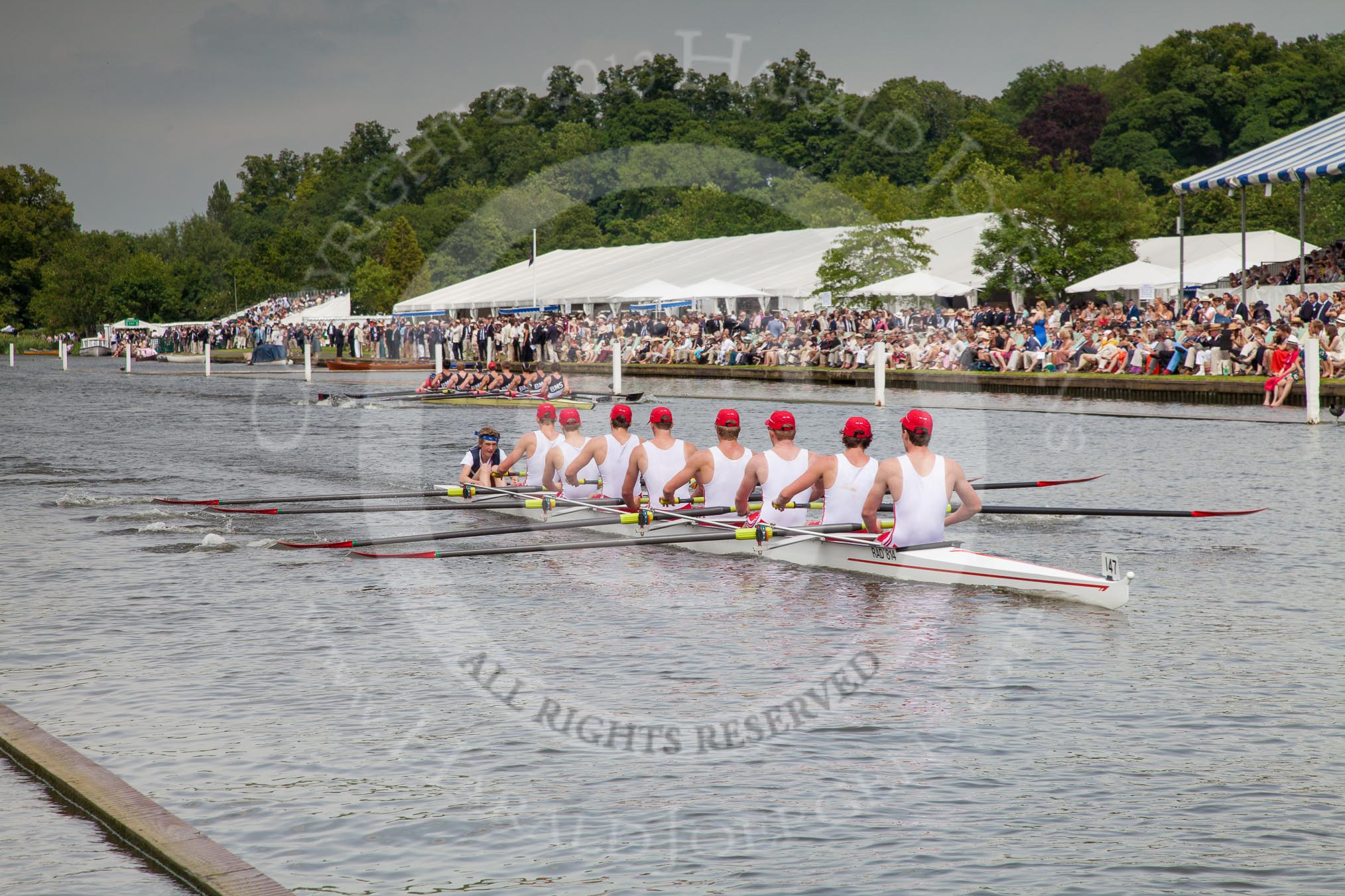 Henley Royal Regatta 2012 (Thursday): Race 41, Princess Elizabeth Challenge Cup:  Radley College (147, Bucks) v Bedford Modern School (124, Berks).
River Thames beteen Henley-on-Thames and Remenham/Temple Island ,
Henley-on-Thames,
Oxfordshire,
United Kingdom,
on 28 June 2012 at 14:38, image #294