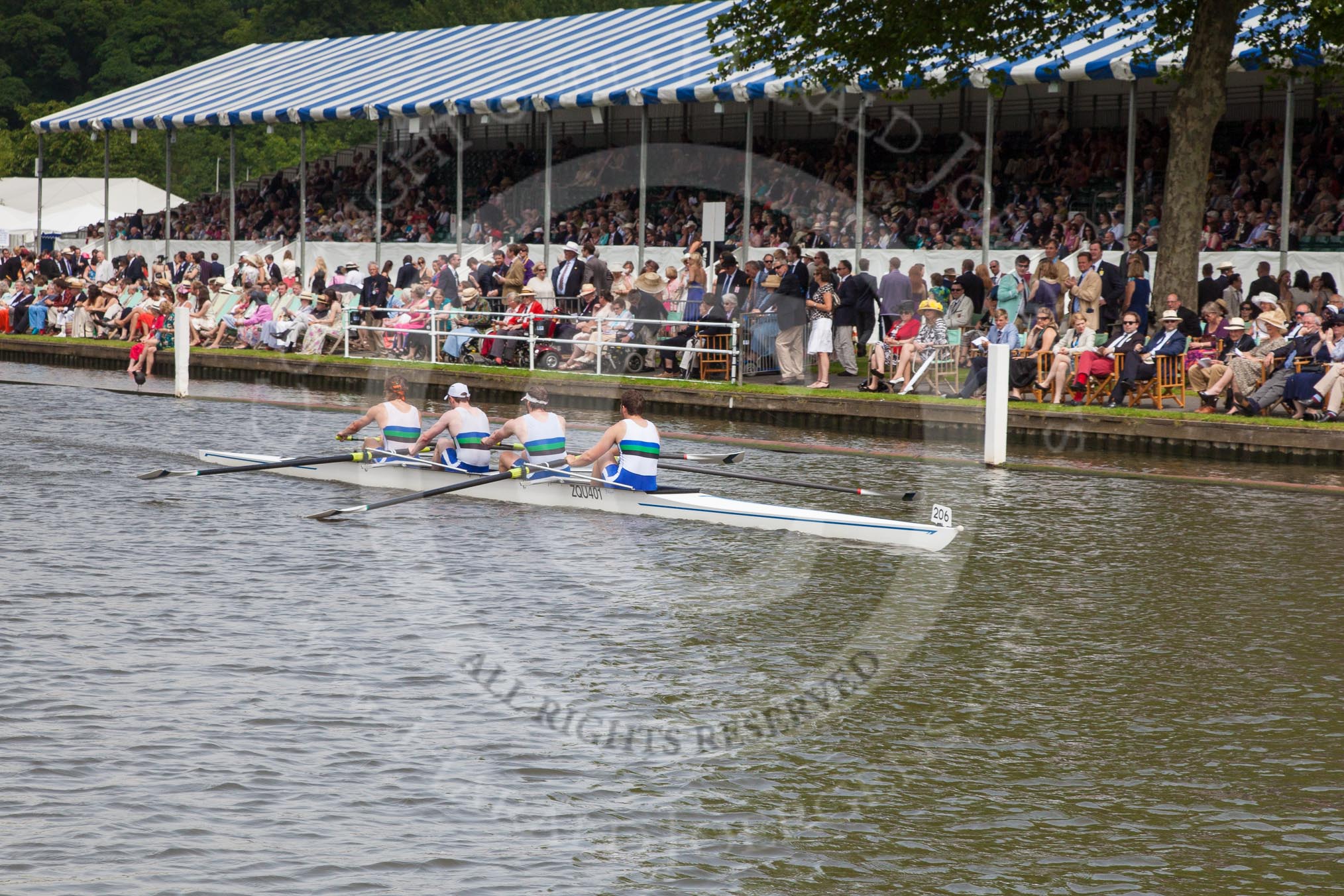 Henley Royal Regatta 2012 (Thursday): Race 42, Visitors' Challenge Cup:  Nottingham University 'B' (203, Bucks) v Queen's University, Belfast (204, Berks).
River Thames beteen Henley-on-Thames and Remenham/Temple Island ,
Henley-on-Thames,
Oxfordshire,
United Kingdom,
on 28 June 2012 at 14:42, image #301