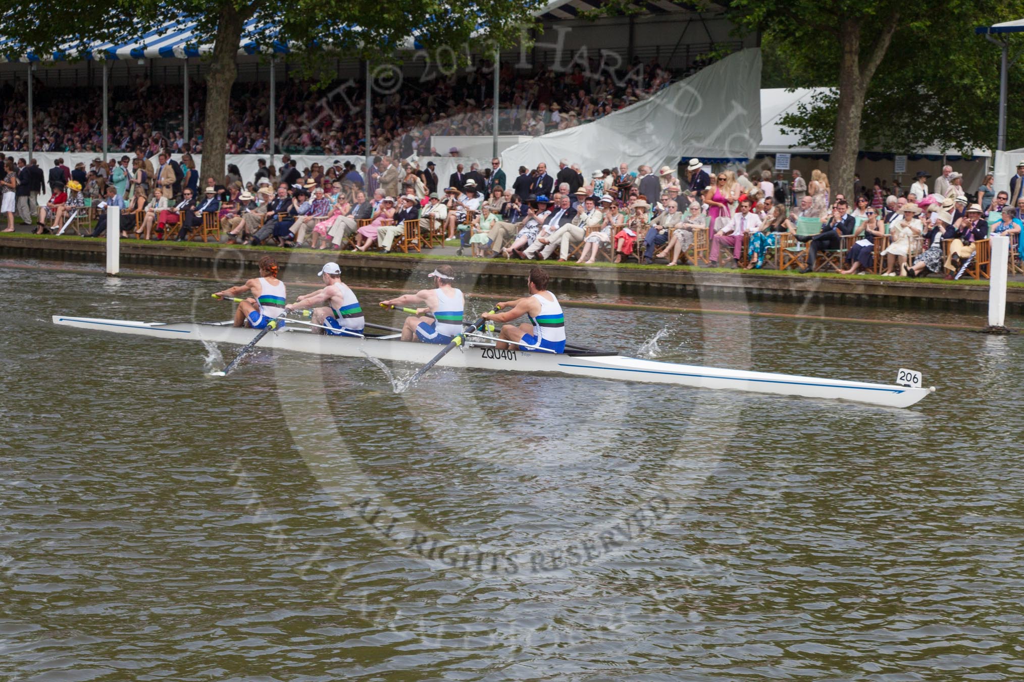 Henley Royal Regatta 2012 (Thursday): Race 42, Visitors' Challenge Cup:  Nottingham University 'B' (203, Bucks) v Queen's University, Belfast (204, Berks).
River Thames beteen Henley-on-Thames and Remenham/Temple Island ,
Henley-on-Thames,
Oxfordshire,
United Kingdom,
on 28 June 2012 at 14:42, image #302