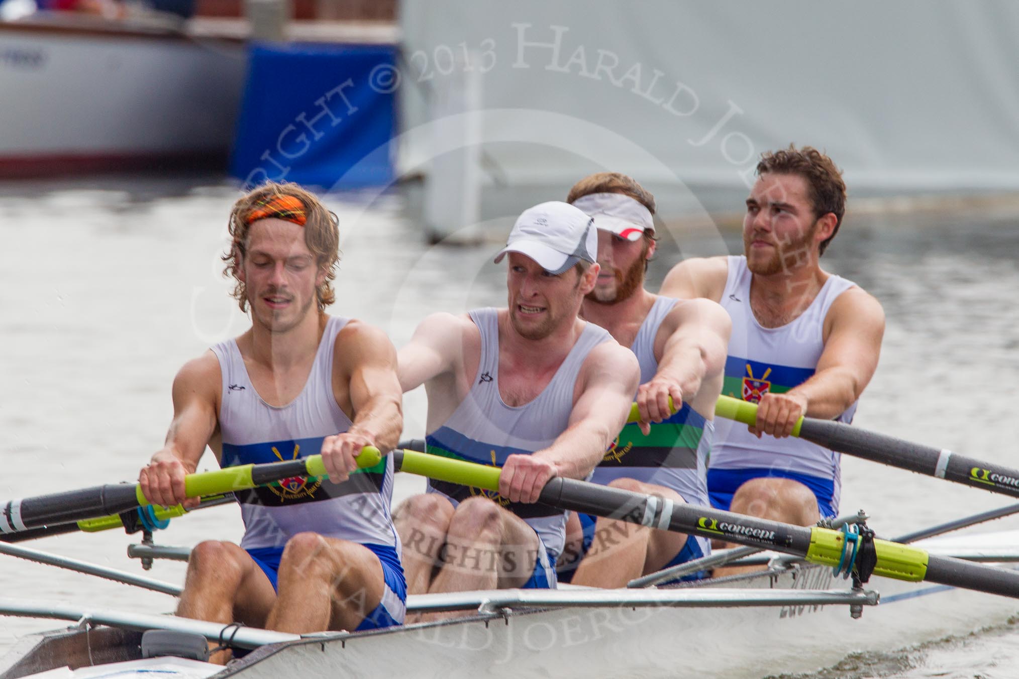 Henley Royal Regatta 2012 (Thursday): Race 42, Visitors' Challenge Cup:  Nottingham University 'B' (203, Bucks) v Queen's University, Belfast (204, Berks).
River Thames beteen Henley-on-Thames and Remenham/Temple Island ,
Henley-on-Thames,
Oxfordshire,
United Kingdom,
on 28 June 2012 at 14:42, image #304