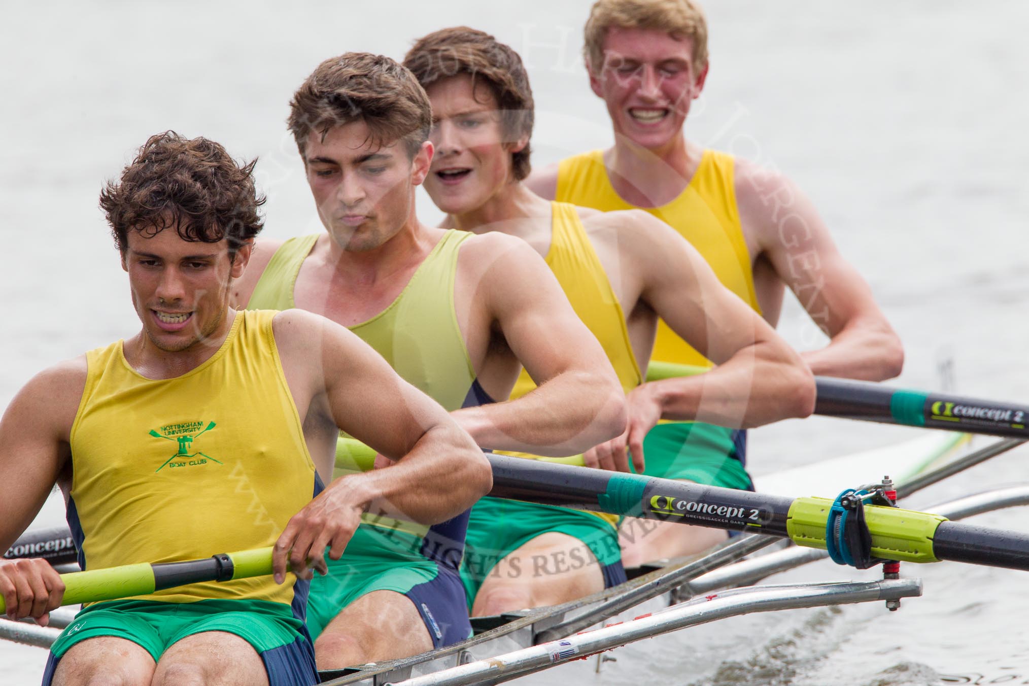 Henley Royal Regatta 2012 (Thursday): Race 42, Visitors' Challenge Cup:  Nottingham University 'B' (203, Bucks) v Queen's University, Belfast (204, Berks).
River Thames beteen Henley-on-Thames and Remenham/Temple Island ,
Henley-on-Thames,
Oxfordshire,
United Kingdom,
on 28 June 2012 at 14:42, image #307