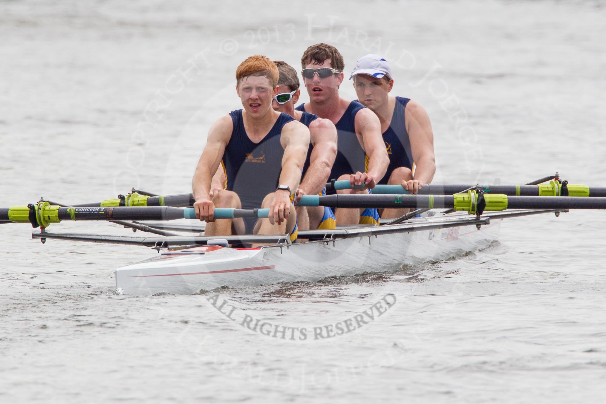 Henley Royal Regatta 2012 (Thursday): Race 42, Wyford Challenge Cup:  Thames Rowing Club (243, Bucks) v Nottingham Rowing Club 'B' (232, Berks).
River Thames beteen Henley-on-Thames and Remenham/Temple Island ,
Henley-on-Thames,
Oxfordshire,
United Kingdom,
on 28 June 2012 at 14:49, image #314