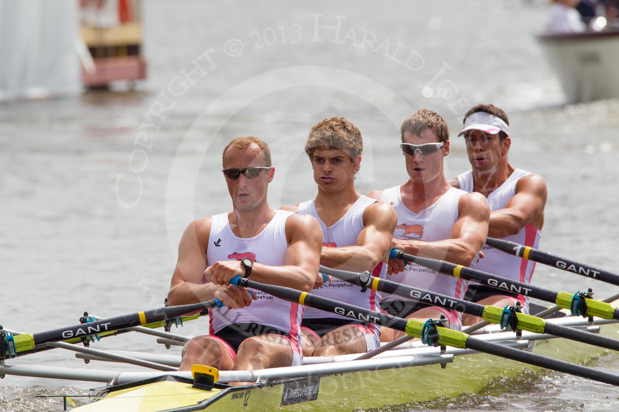 Henley Royal Regatta 2012 (Thursday): Race 44, Prince of Wales Challenge Cup:  Leander Club (276, Bucks) v Upper Thames Rowing Club 'B' (288, Berks).
River Thames beteen Henley-on-Thames and Remenham/Temple Island ,
Henley-on-Thames,
Oxfordshire,
United Kingdom,
on 28 June 2012 at 14:52, image #320