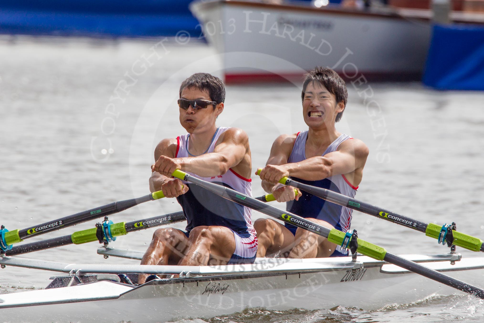 Henley Royal Regatta 2012 (Thursday): Race 46, Double Sculls Challenge Cup:  Cardiff City Rowing Club (441, Bucks) v Mitsubishi Boat Club, Japan (446, Berks).
River Thames beteen Henley-on-Thames and Remenham/Temple Island ,
Henley-on-Thames,
Oxfordshire,
United Kingdom,
on 28 June 2012 at 14:59, image #327