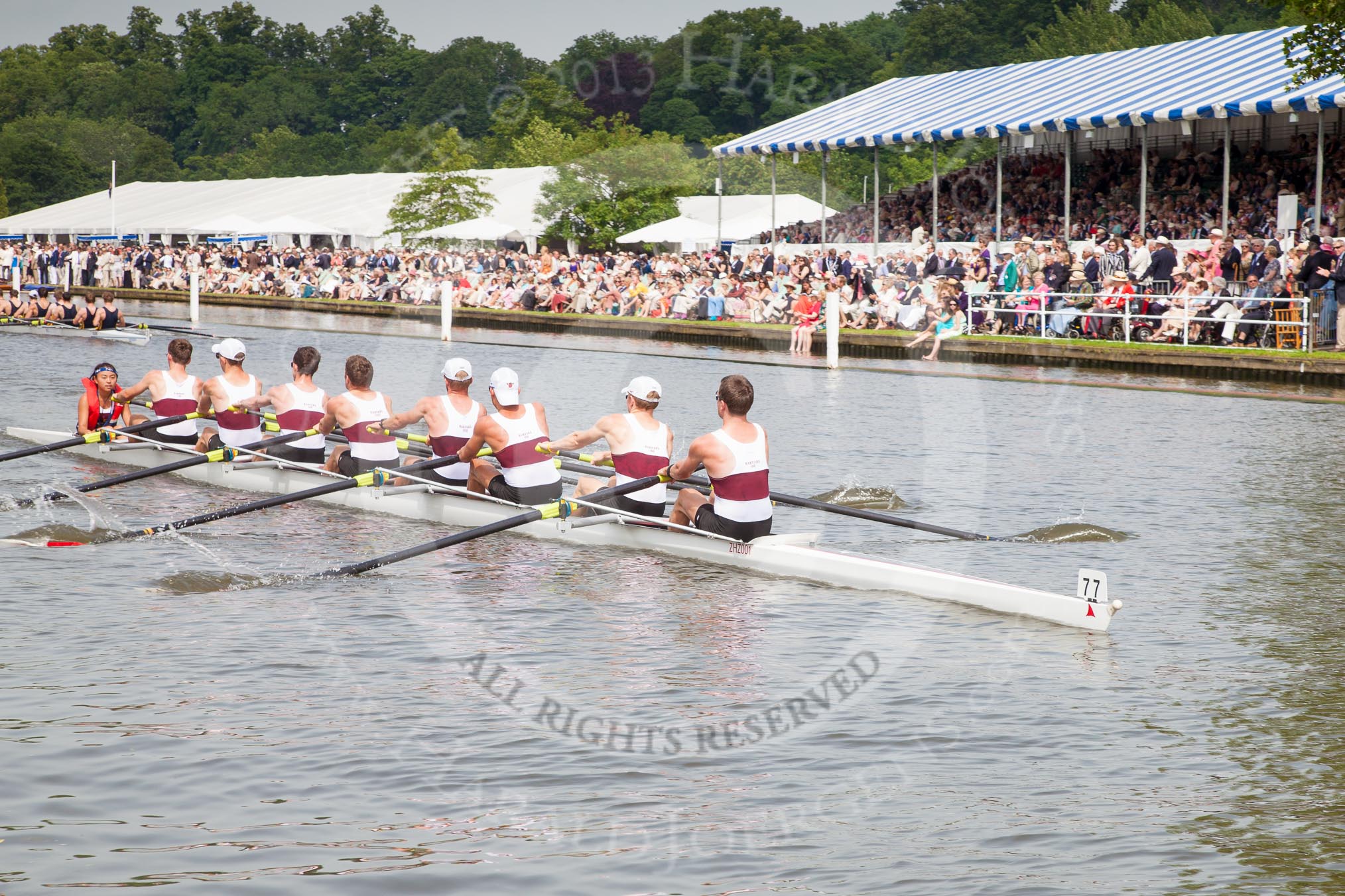 Henley Royal Regatta 2012 (Thursday): Race 46, Temple Challenge Cup:  Harvard University 'B' (77, Bucks) v Southampton University (103, Berks).
River Thames beteen Henley-on-Thames and Remenham/Temple Island ,
Henley-on-Thames,
Oxfordshire,
United Kingdom,
on 28 June 2012 at 15:06, image #332