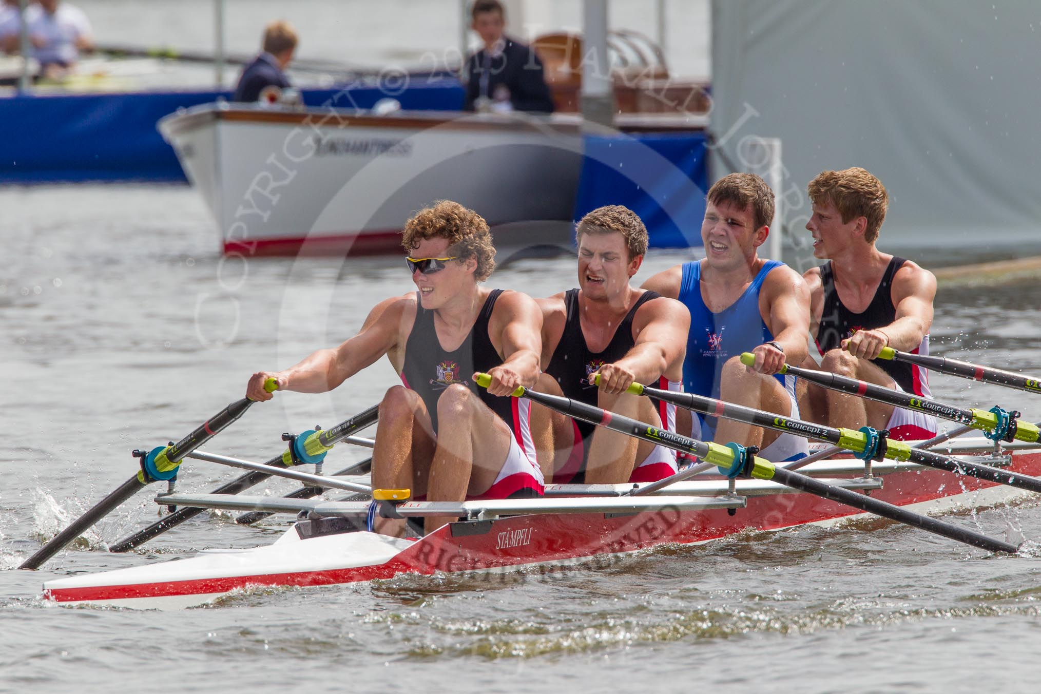 Henley Royal Regatta 2012 (Thursday): Race 49, Prince of Wales Challenge Cup:  The Tideway Scullers' School (285, Bucks) v Cardiff University and Cardiff City Rowing Club (267, Berks).
River Thames beteen Henley-on-Thames and Remenham/Temple Island ,
Henley-on-Thames,
Oxfordshire,
United Kingdom,
on 28 June 2012 at 15:24, image #359