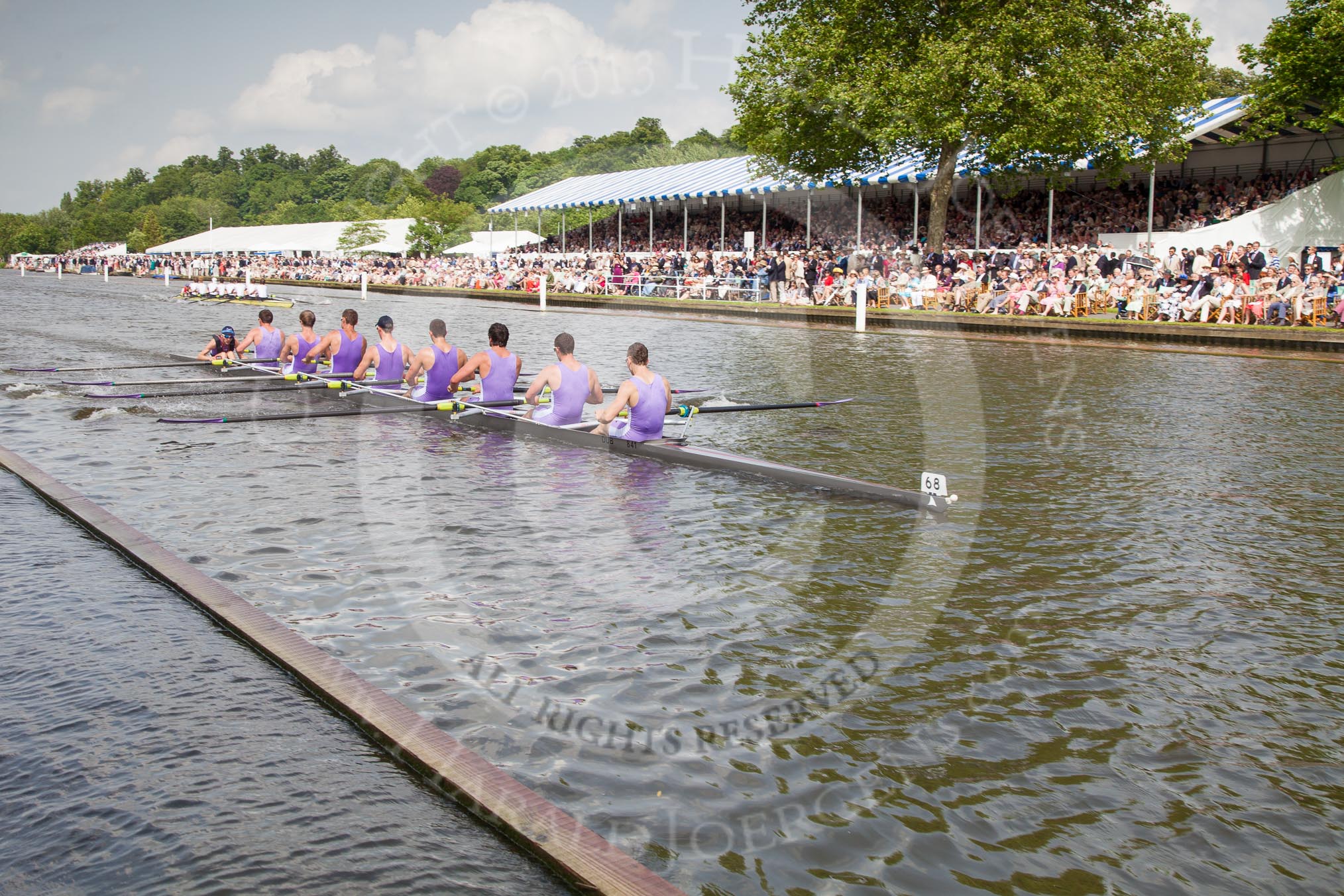 Henley Royal Regatta 2012 (Thursday): Race 51, Temple Challenge Cup:  Durham University (68, Bucks) v Amsterdamsche Studenten Roeivereenigung Nereus, Holland 'B' (56, Berks).
River Thames beteen Henley-on-Thames and Remenham/Temple Island ,
Henley-on-Thames,
Oxfordshire,
United Kingdom,
on 28 June 2012 at 15:35, image #368