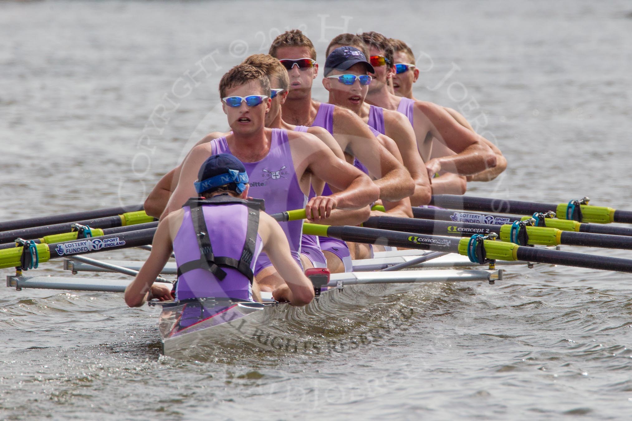 Henley Royal Regatta 2012 (Thursday): Race 51, Temple Challenge Cup:  Durham University (68, Bucks) v Amsterdamsche Studenten Roeivereenigung Nereus, Holland 'B' (56, Berks).
River Thames beteen Henley-on-Thames and Remenham/Temple Island ,
Henley-on-Thames,
Oxfordshire,
United Kingdom,
on 28 June 2012 at 15:35, image #374