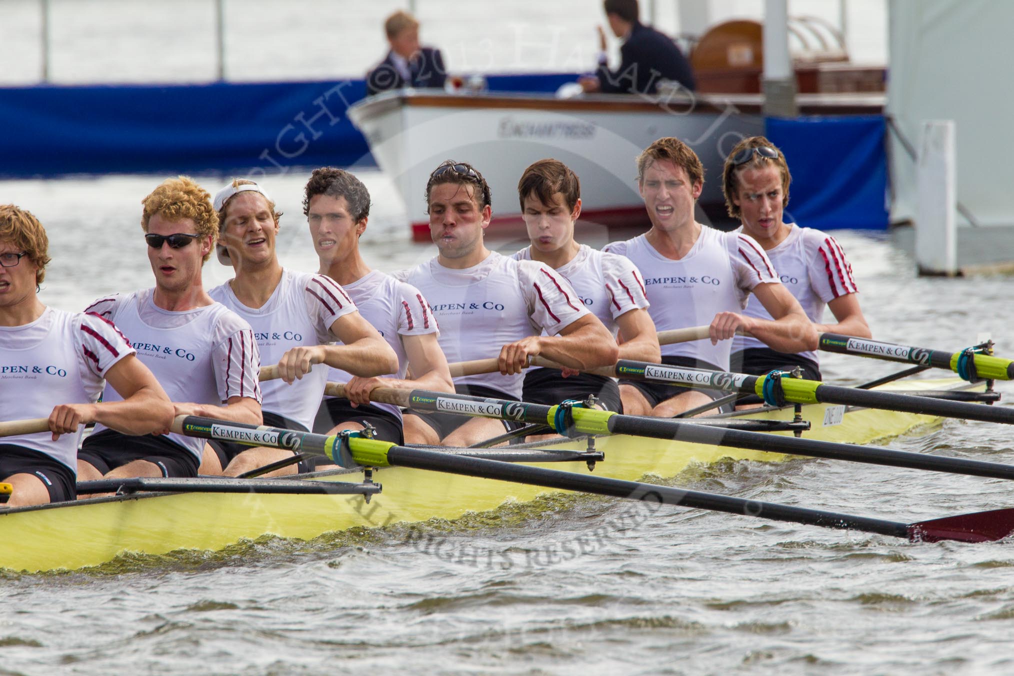 Henley Royal Regatta 2012 (Thursday): Race 51, Temple Challenge Cup:  Durham University (68, Bucks) v Amsterdamsche Studenten Roeivereenigung Nereus, Holland 'B' (56, Berks).
River Thames beteen Henley-on-Thames and Remenham/Temple Island ,
Henley-on-Thames,
Oxfordshire,
United Kingdom,
on 28 June 2012 at 15:36, image #375