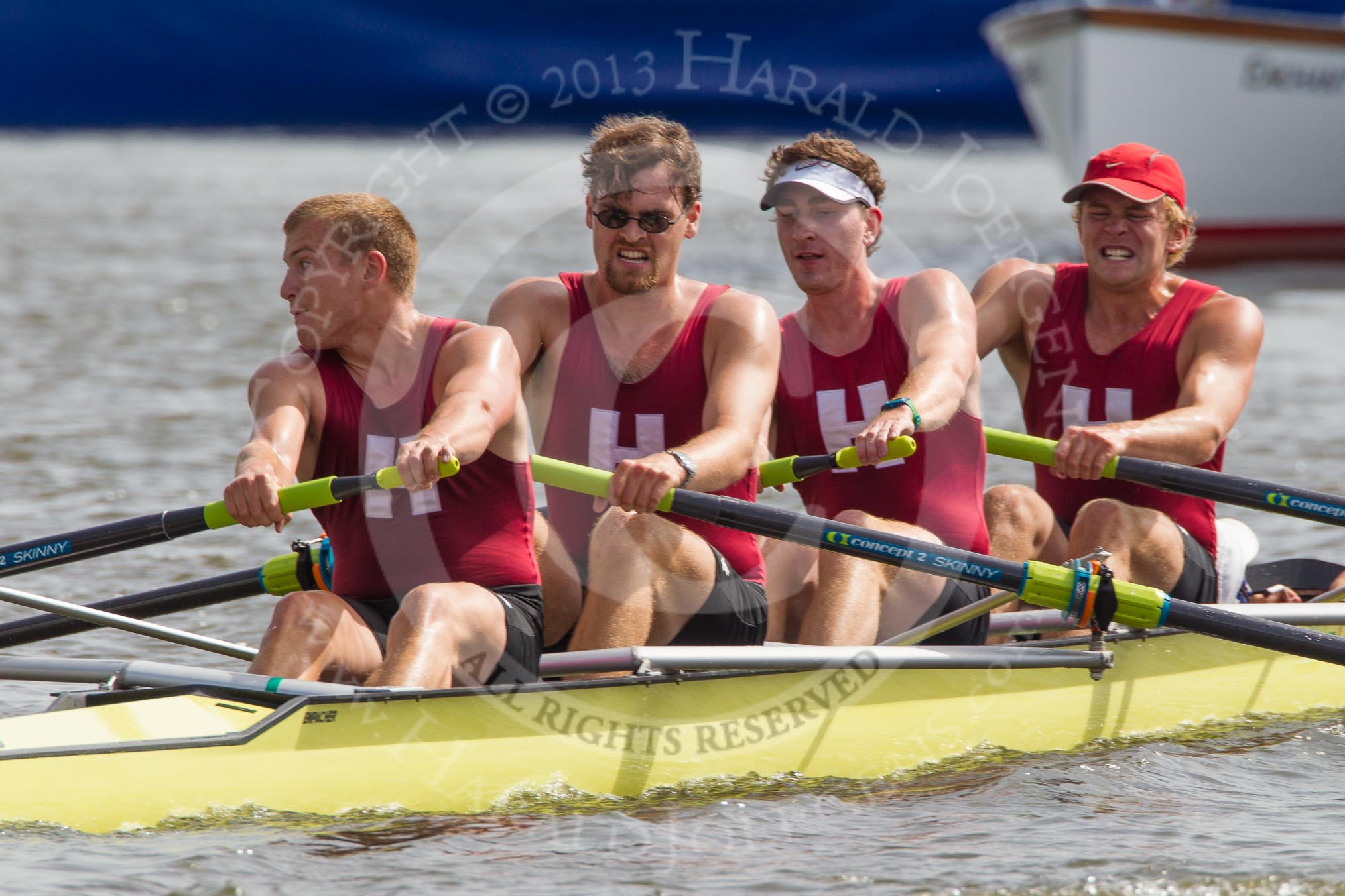 Henley Royal Regatta 2012 (Thursday): Race 55, Prince Albert Challenge Cup:  University of Birmingham (397, Bucks) v Harvard University, U.S.A. (382, Berks).
River Thames beteen Henley-on-Thames and Remenham/Temple Island ,
Henley-on-Thames,
Oxfordshire,
United Kingdom,
on 28 June 2012 at 15:57, image #401