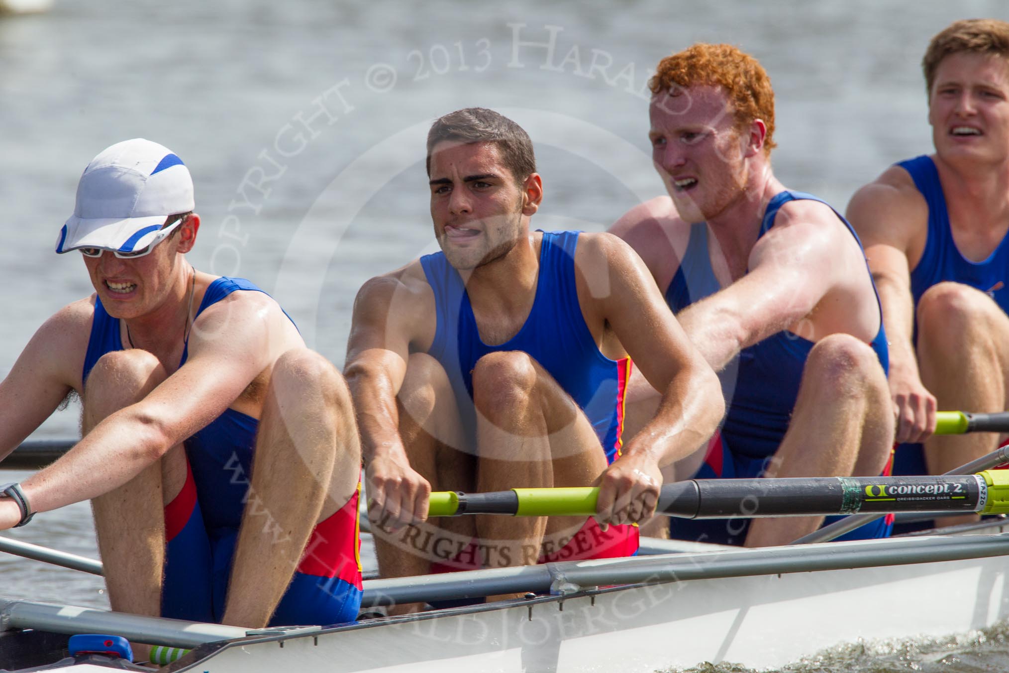 Henley Royal Regatta 2012 (Thursday): Race 55, Prince Albert Challenge Cup:  University of Birmingham (397, Bucks) v Harvard University, U.S.A. (382, Berks).
River Thames beteen Henley-on-Thames and Remenham/Temple Island ,
Henley-on-Thames,
Oxfordshire,
United Kingdom,
on 28 June 2012 at 15:58, image #404