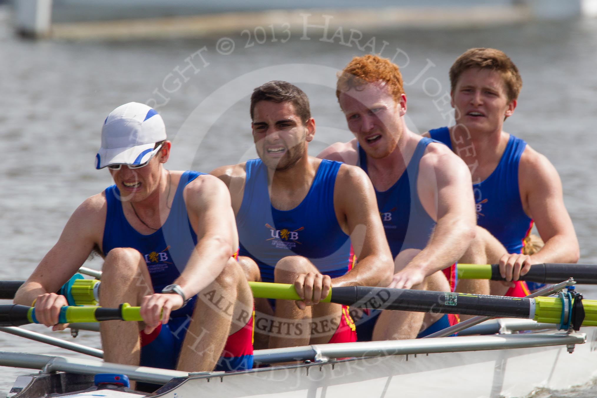 Henley Royal Regatta 2012 (Thursday): Race 55, Prince Albert Challenge Cup:  University of Birmingham (397, Bucks) v Harvard University, U.S.A. (382, Berks).
River Thames beteen Henley-on-Thames and Remenham/Temple Island ,
Henley-on-Thames,
Oxfordshire,
United Kingdom,
on 28 June 2012 at 15:58, image #405