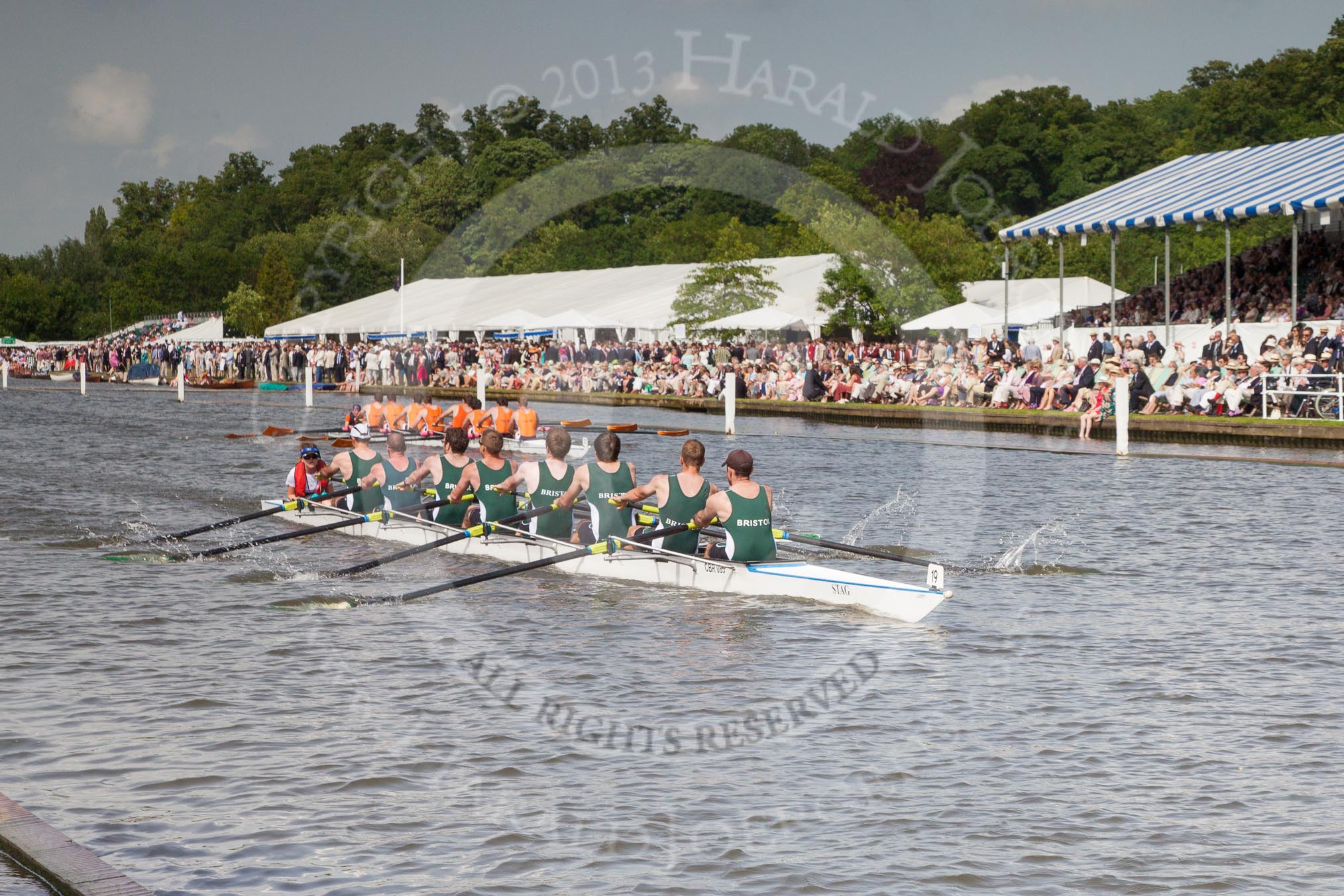 Henley Royal Regatta 2012 (Thursday): Race 56, Thames Challenge Cup:  City of Bristol Rowing Club (19, Bucks) v Lea Rowing Club (27, Berks).
River Thames beteen Henley-on-Thames and Remenham/Temple Island ,
Henley-on-Thames,
Oxfordshire,
United Kingdom,
on 28 June 2012 at 16:06, image #406