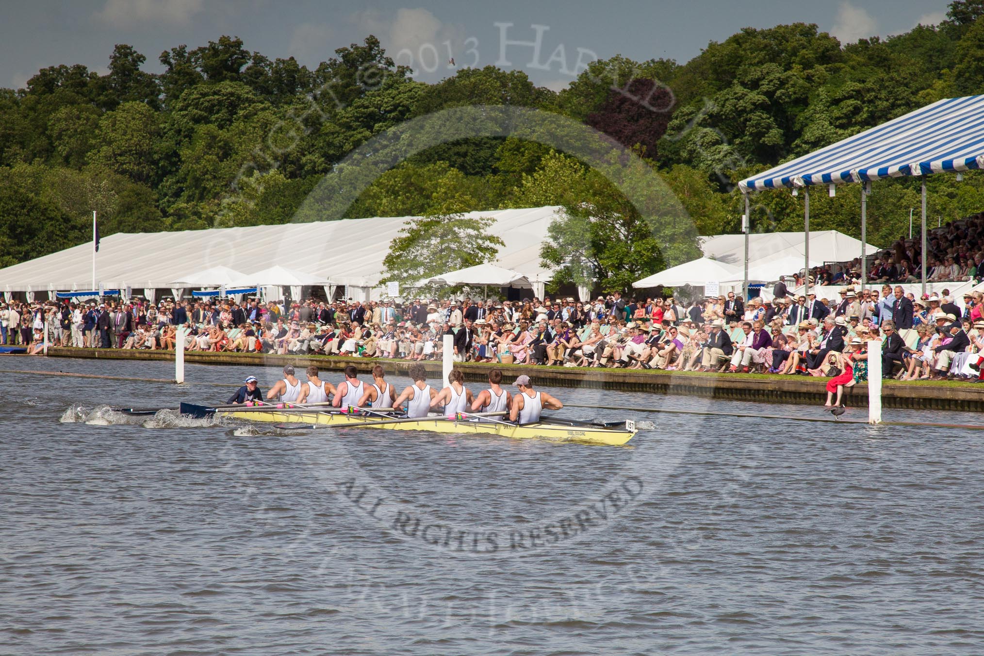 Henley Royal Regatta 2012 (Thursday): Race 57, Princess Elizabeth Challenge Cup:  Ridley College, Canada (149, Bucks) v Shrewsbury School (157, Berks).
River Thames beteen Henley-on-Thames and Remenham/Temple Island ,
Henley-on-Thames,
Oxfordshire,
United Kingdom,
on 28 June 2012 at 16:10, image #413