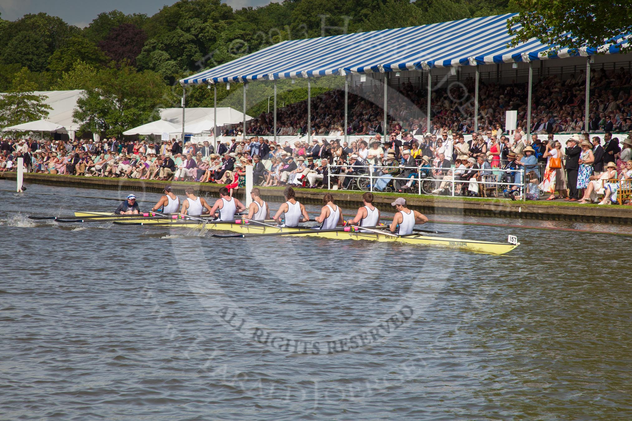 Henley Royal Regatta 2012 (Thursday): Race 57, Princess Elizabeth Challenge Cup:  Ridley College, Canada (149, Bucks) v Shrewsbury School (157, Berks).
River Thames beteen Henley-on-Thames and Remenham/Temple Island ,
Henley-on-Thames,
Oxfordshire,
United Kingdom,
on 28 June 2012 at 16:10, image #414