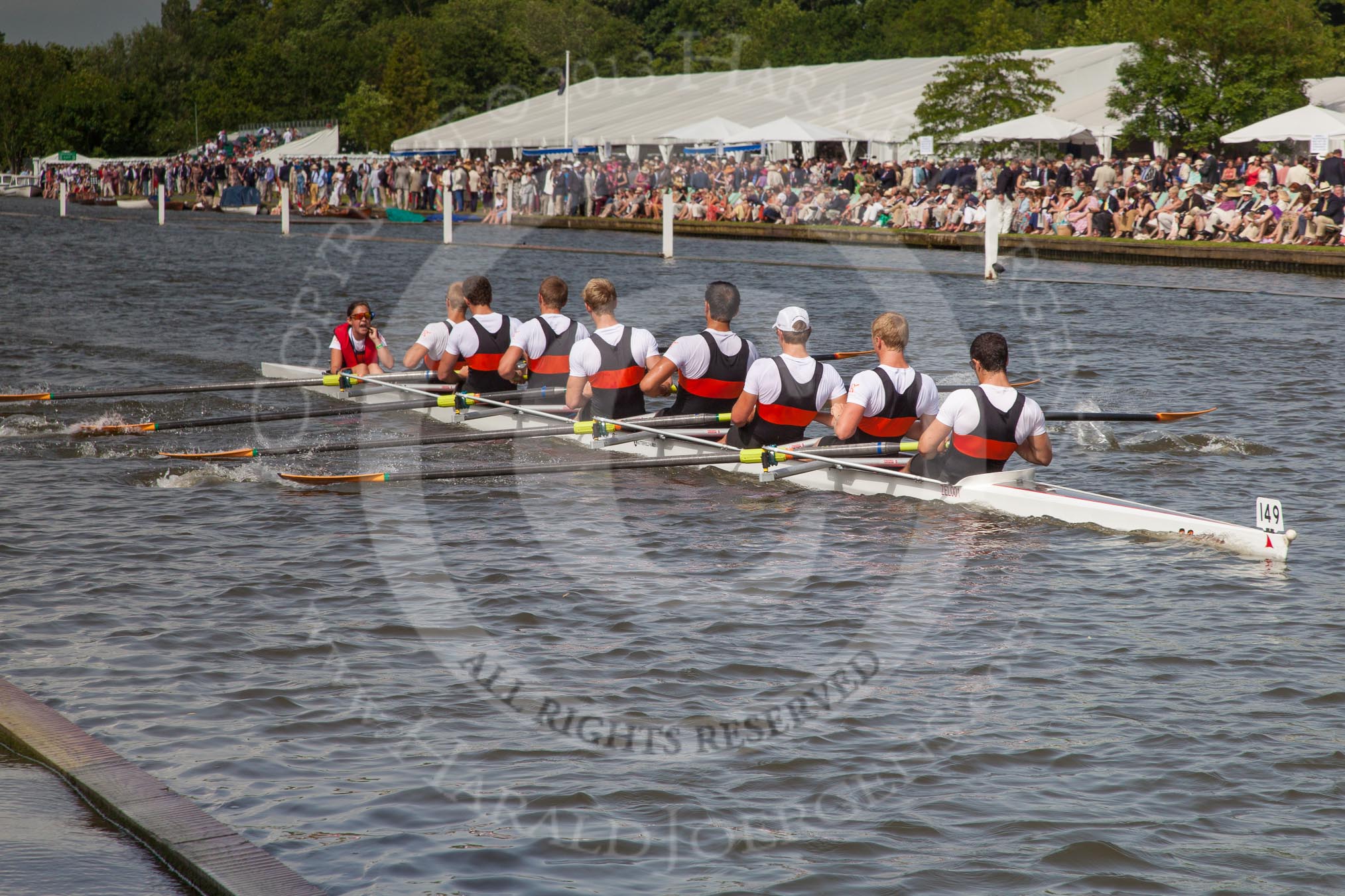 Henley Royal Regatta 2012 (Thursday): Race 57, Princess Elizabeth Challenge Cup:  Ridley College, Canada (149, Bucks) v Shrewsbury School (157, Berks).
River Thames beteen Henley-on-Thames and Remenham/Temple Island ,
Henley-on-Thames,
Oxfordshire,
United Kingdom,
on 28 June 2012 at 16:11, image #416