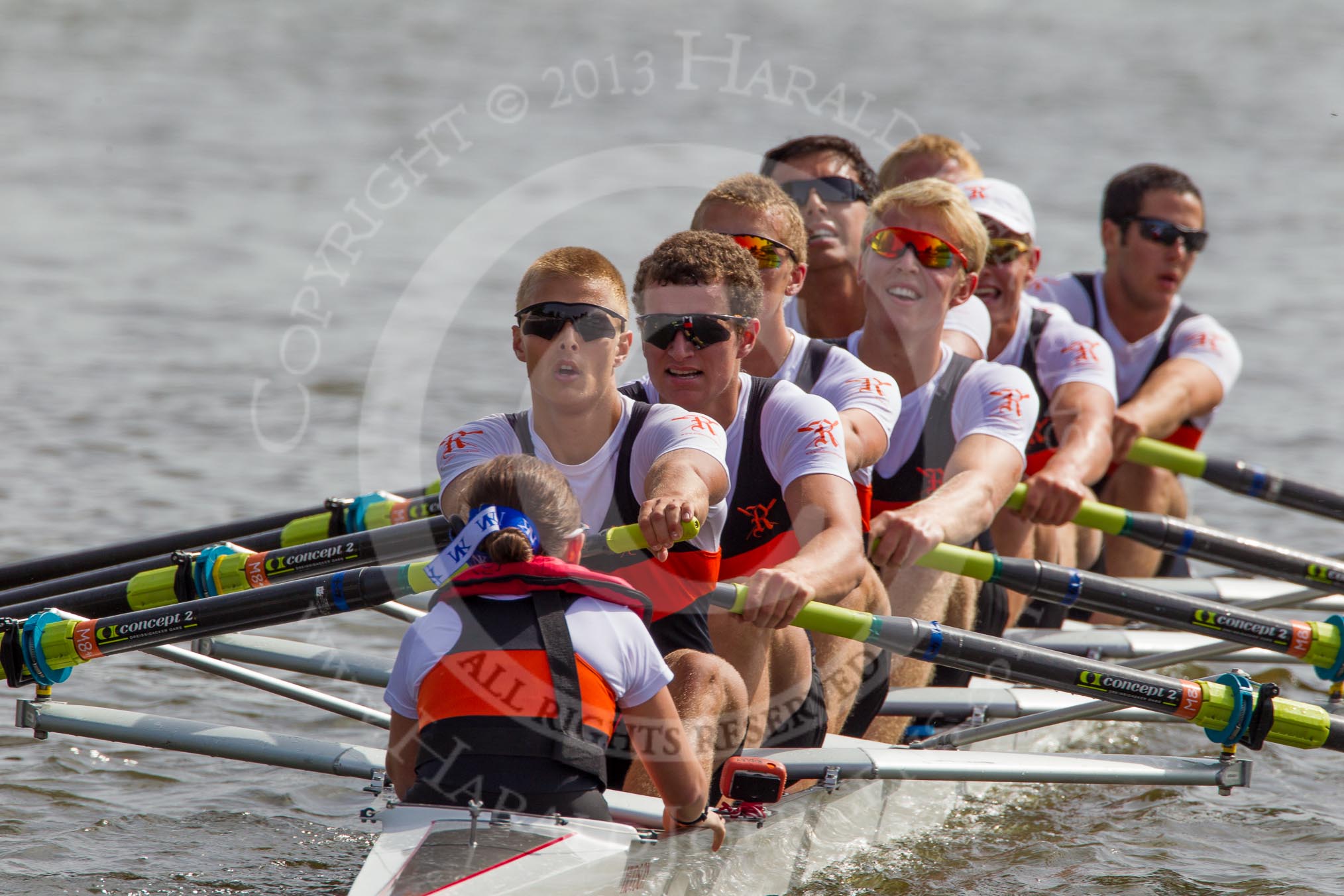 Henley Royal Regatta 2012 (Thursday): Race 57, Princess Elizabeth Challenge Cup:  Ridley College, Canada (149, Bucks) v Shrewsbury School (157, Berks).
River Thames beteen Henley-on-Thames and Remenham/Temple Island ,
Henley-on-Thames,
Oxfordshire,
United Kingdom,
on 28 June 2012 at 16:11, image #418