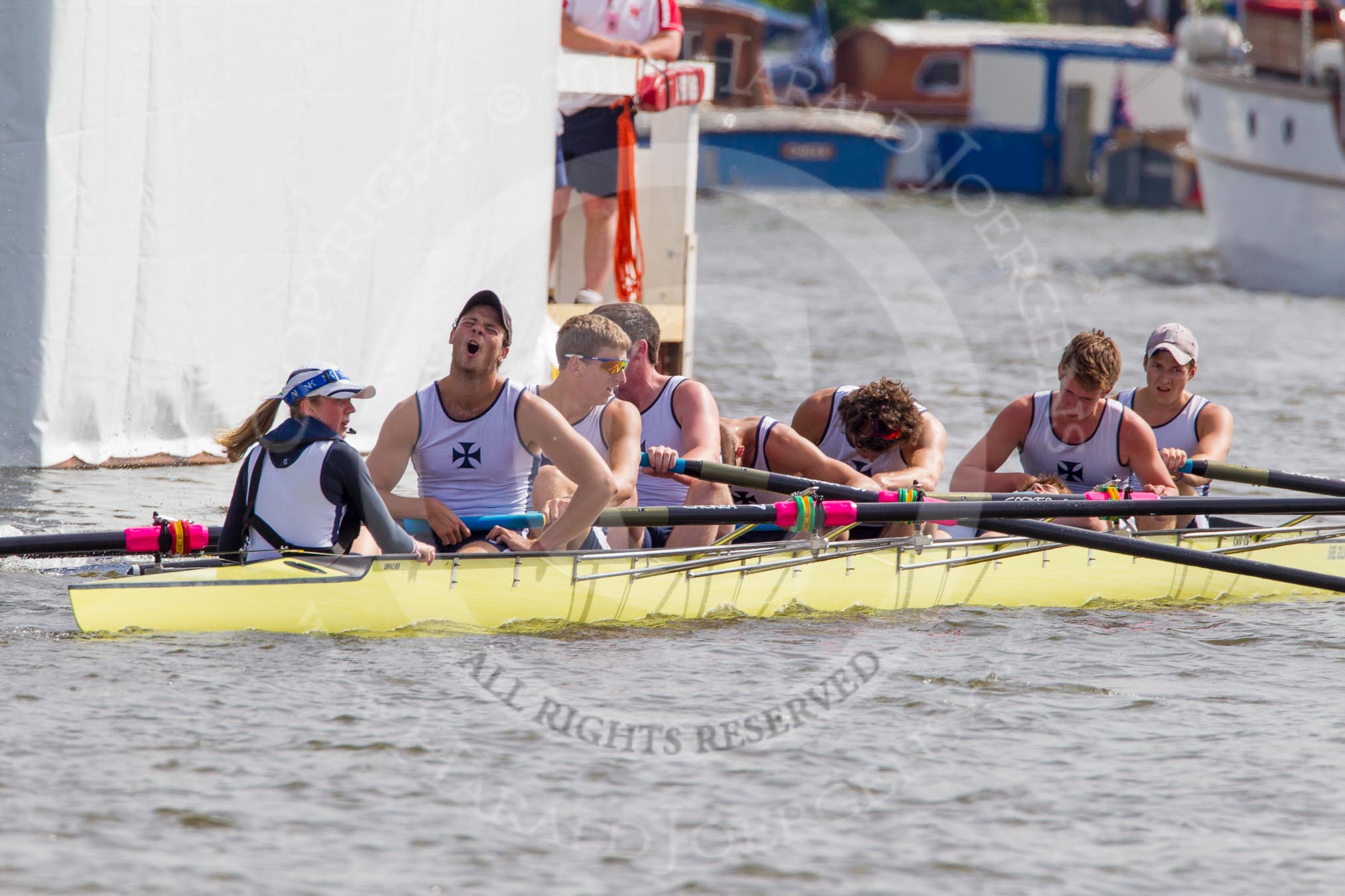 Henley Royal Regatta 2012 (Thursday): Race 57, Princess Elizabeth Challenge Cup:  Ridley College, Canada (149, Bucks) v Shrewsbury School (157, Berks).
River Thames beteen Henley-on-Thames and Remenham/Temple Island ,
Henley-on-Thames,
Oxfordshire,
United Kingdom,
on 28 June 2012 at 16:11, image #419