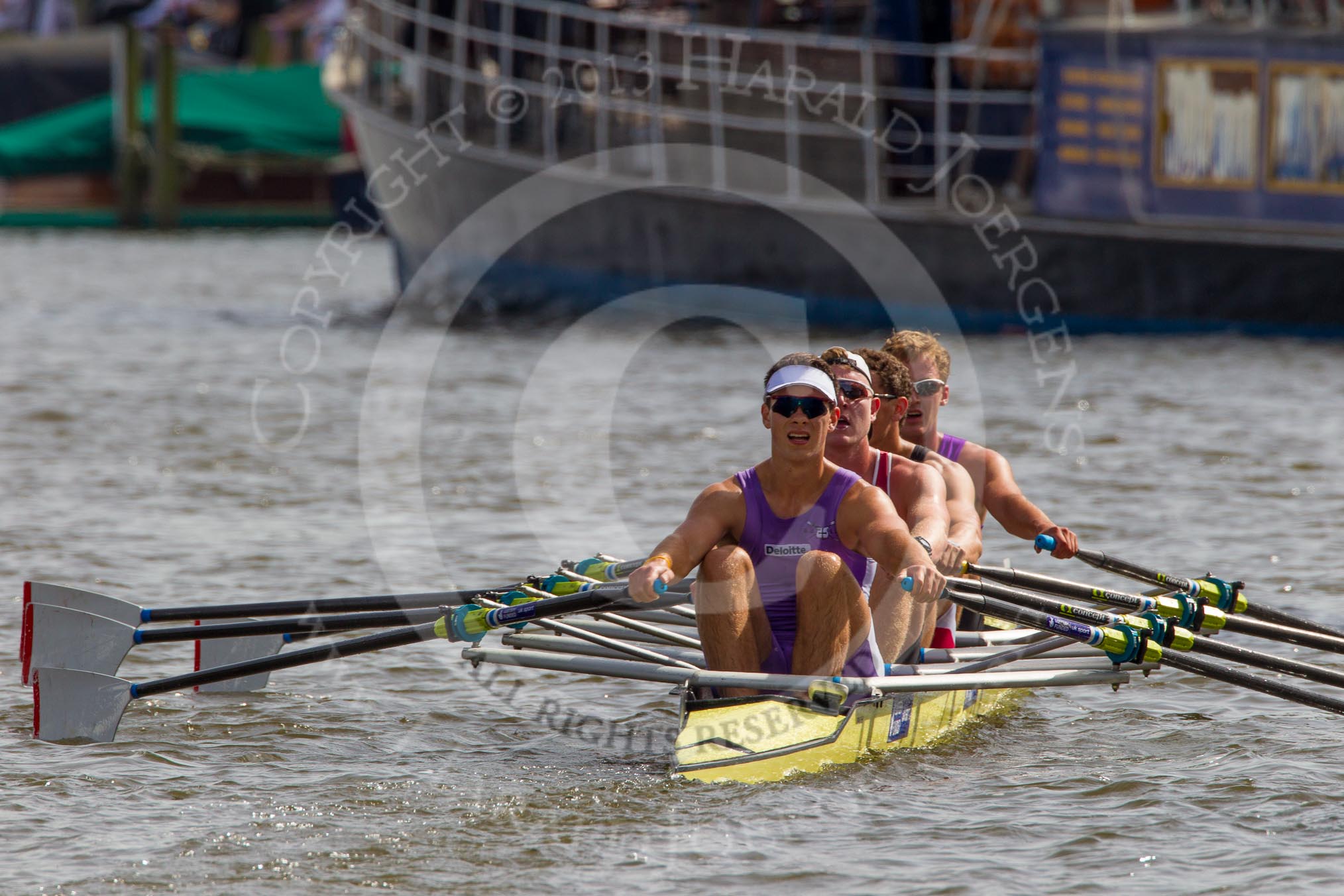 Henley Royal Regatta 2012 (Thursday): Race 59, Prince of Wales Challenge Cup:  Durham University and University of London (270, Bucks) v The Tideway Scullers' School and Stowe School (286, Berks).
River Thames beteen Henley-on-Thames and Remenham/Temple Island ,
Henley-on-Thames,
Oxfordshire,
United Kingdom,
on 28 June 2012 at 16:21, image #431