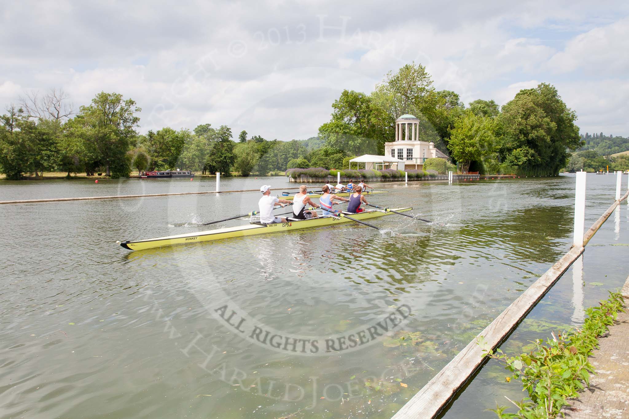 Henley Royal Regatta 2013 (Monday): Temple Island, close to the start of the race, with the ornamental temple originally designed as a fishing lodge for Fawley Court (close to the 1-mile marker)..
River Thames between Henley and Temple Island,
Henley-on-Thames,
Berkshire,
United Kingdom,
on 01 July 2013 at 14:59, image #24