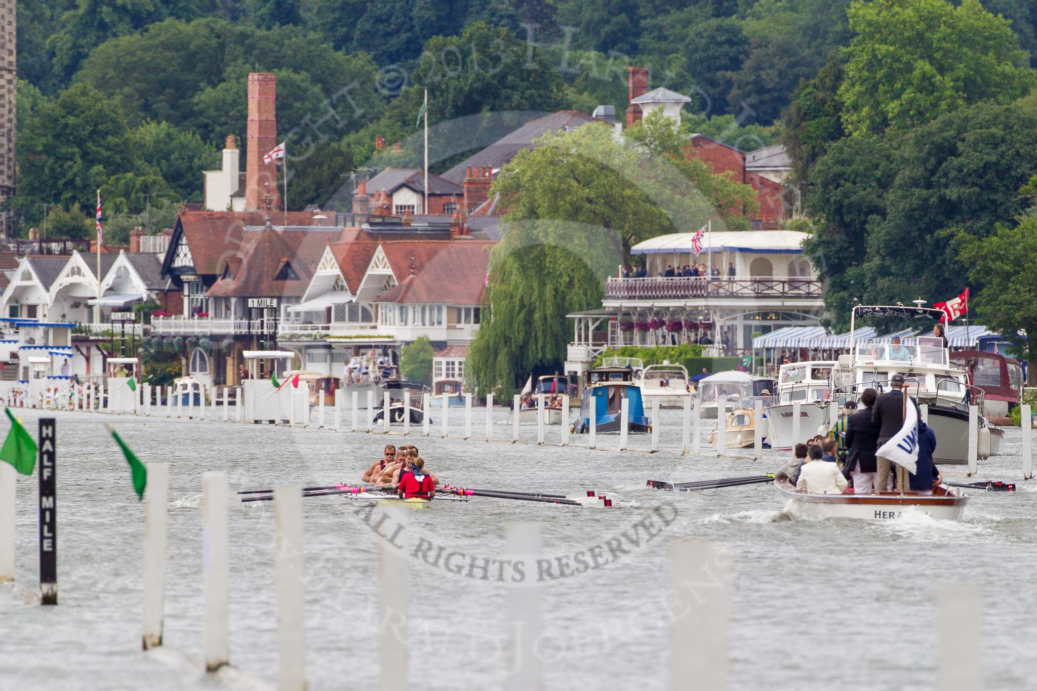 Henley Royal Regatta 2013, Thursday.
River Thames between Henley and Temple Island,
Henley-on-Thames,
Berkshire,
United Kingdom,
on 04 July 2013 at 11:03, image #131