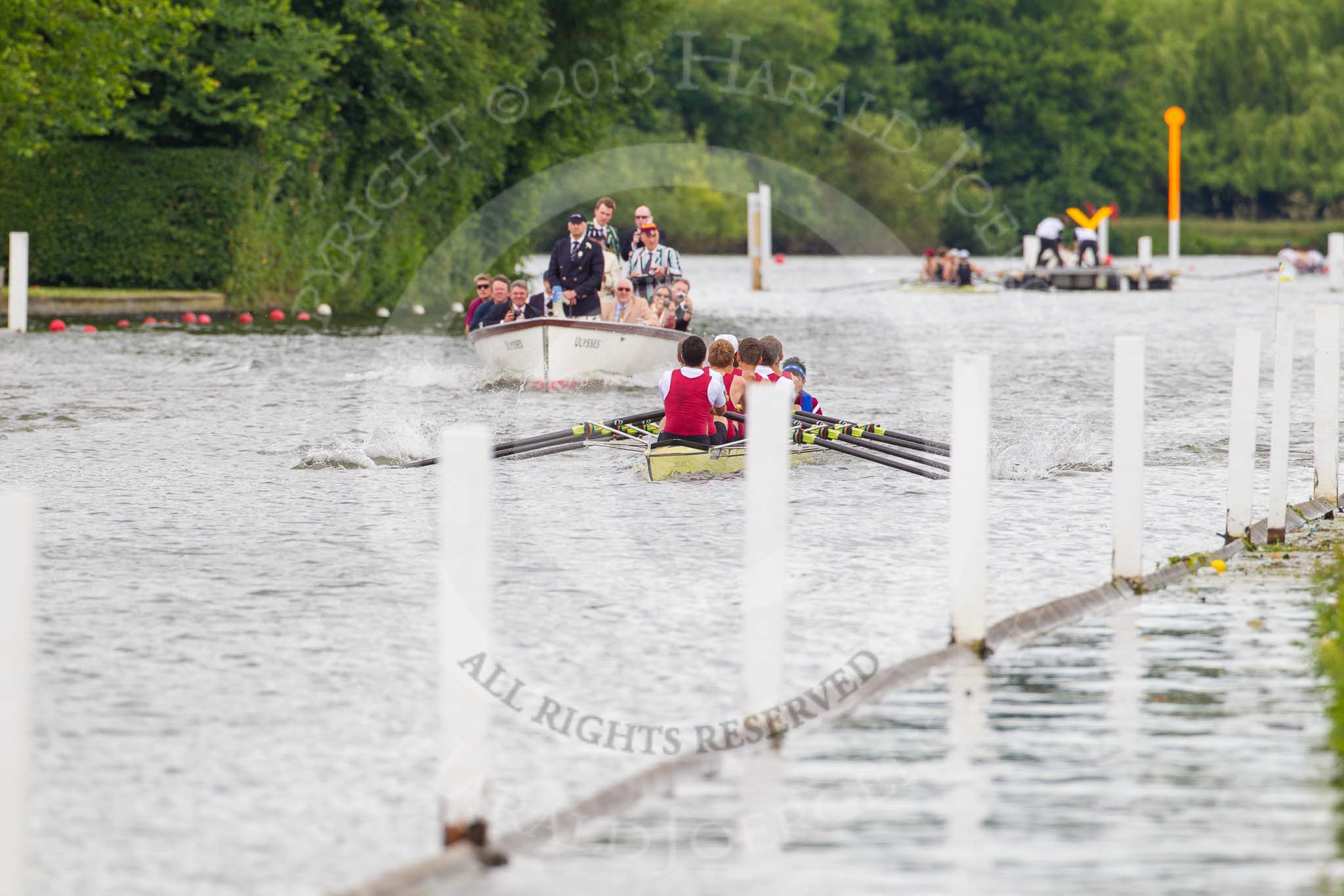 Henley Royal Regatta 2013, Thursday.
River Thames between Henley and Temple Island,
Henley-on-Thames,
Berkshire,
United Kingdom,
on 04 July 2013 at 11:07, image #132