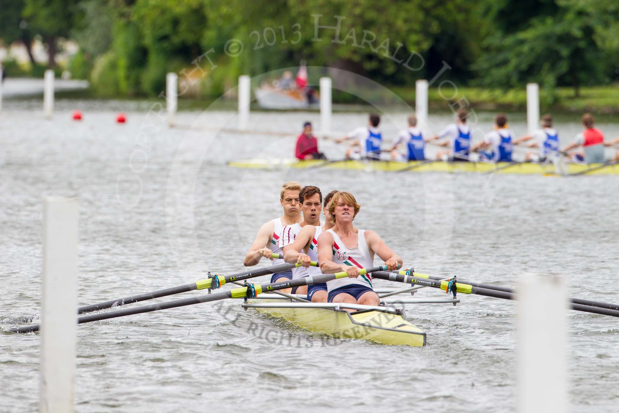 Henley Royal Regatta 2013, Thursday.
River Thames between Henley and Temple Island,
Henley-on-Thames,
Berkshire,
United Kingdom,
on 04 July 2013 at 11:12, image #159