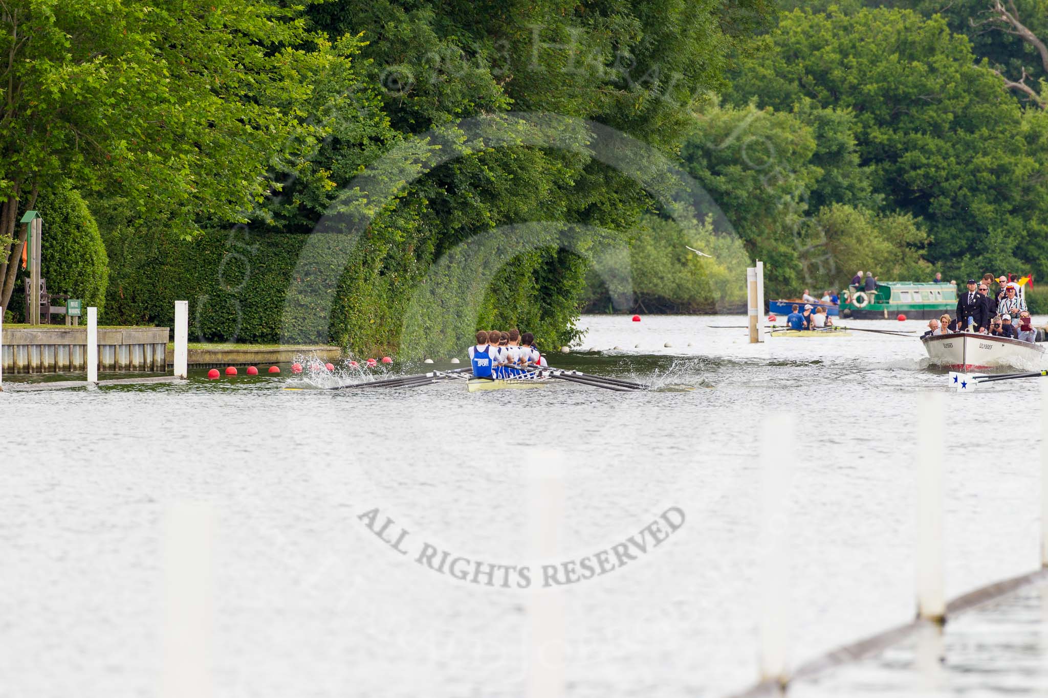 Henley Royal Regatta 2013, Thursday.
River Thames between Henley and Temple Island,
Henley-on-Thames,
Berkshire,
United Kingdom,
on 04 July 2013 at 11:35, image #216