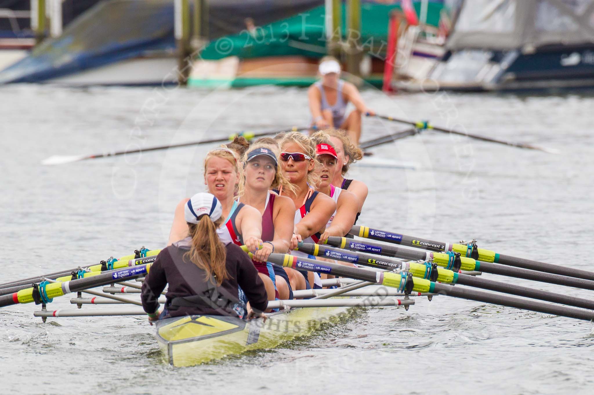 Henley Royal Regatta 2013, Thursday.
River Thames between Henley and Temple Island,
Henley-on-Thames,
Berkshire,
United Kingdom,
on 04 July 2013 at 12:38, image #251