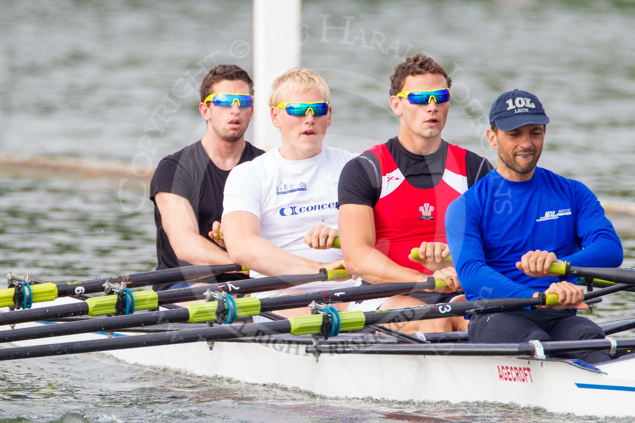 Henley Royal Regatta 2013, Saturday: The Agecroft Rowing Club and Cardiff University coxless four during a training session in the morning. Image #20, 06 July 2013 08:55 River Thames, Henley on Thames, UK