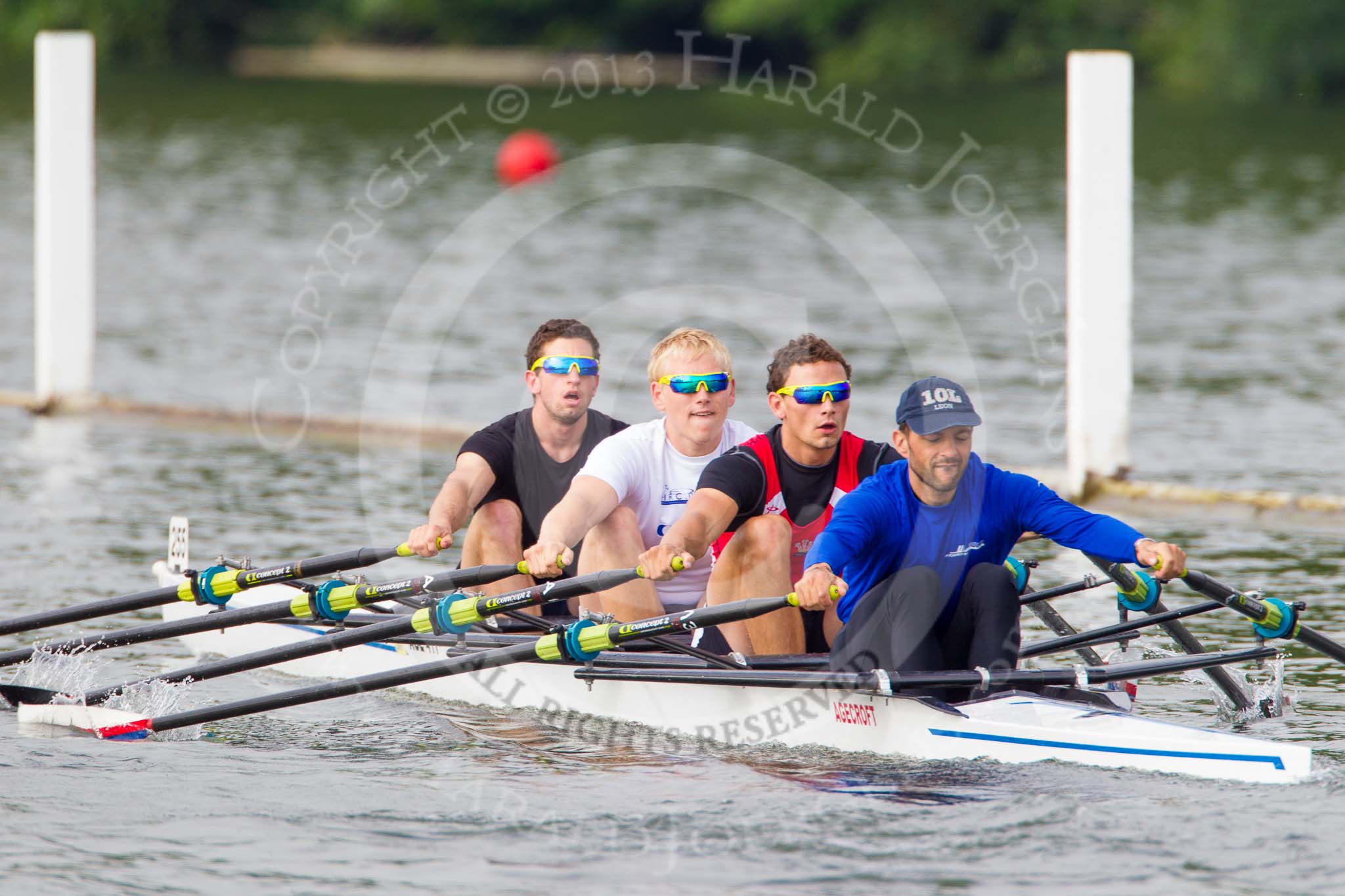 Henley Royal Regatta 2013, Saturday: The Agecroft Rowing Club and Cardiff University coxless four during a training session in the morning. Image #21, 06 July 2013 08:55 River Thames, Henley on Thames, UK