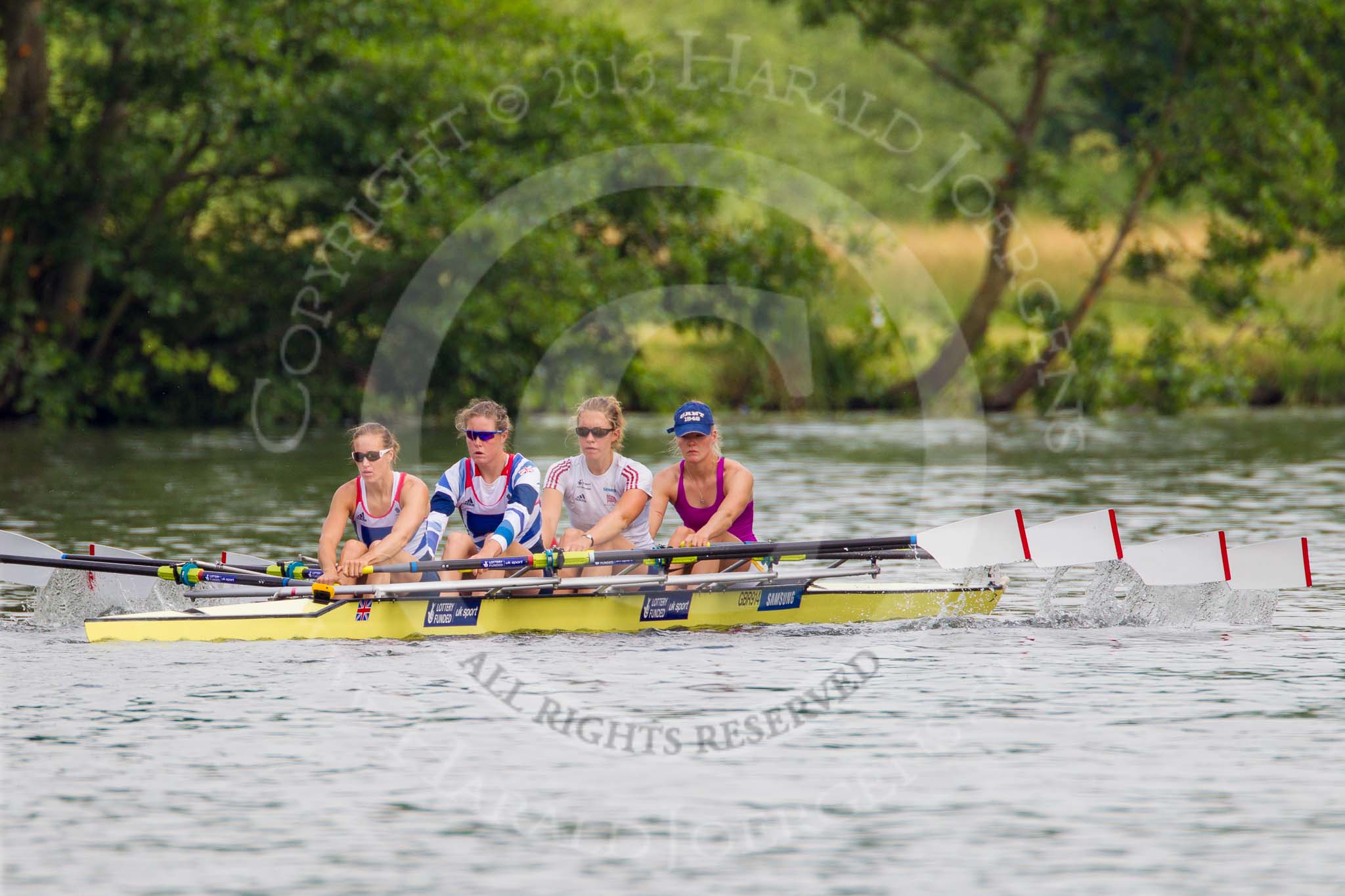 Henley Royal Regatta 2013, Saturday: Leander Club and Minerva Bath Rowing Club during a training session in the morning: Helen Glover, Francis Houghton, Victoria Meyer-Laker and Polly Swann. Image #35, 06 July 2013 09:05 River Thames, Henley on Thames, UK