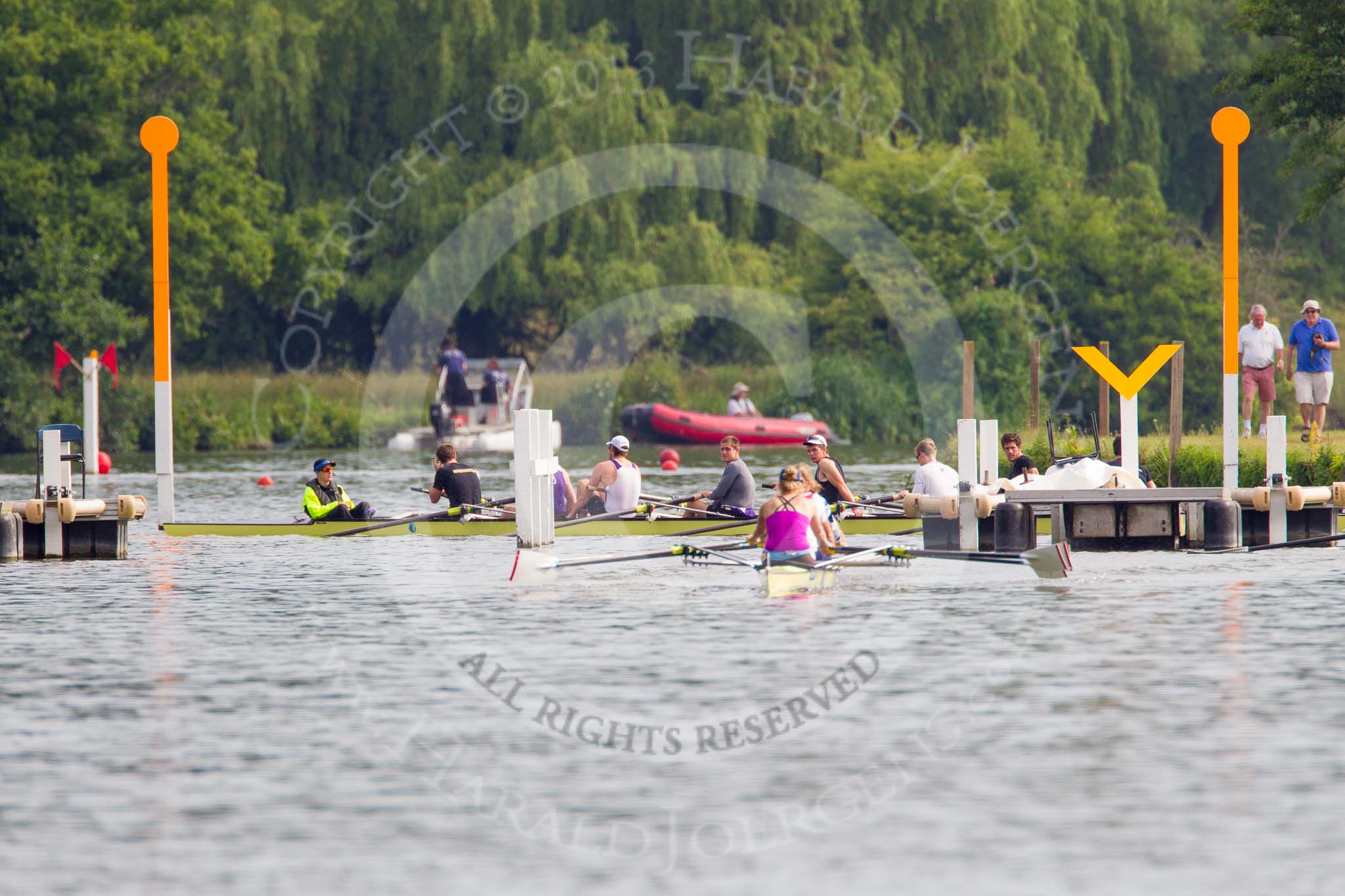 Henley Royal Regatta 2013, Saturday: Leander Club and Minerva Bath Rowing Club during a training session in the morning: A practice start from the stake boat. Image #37, 06 July 2013 09:10 River Thames, Henley on Thames, UK