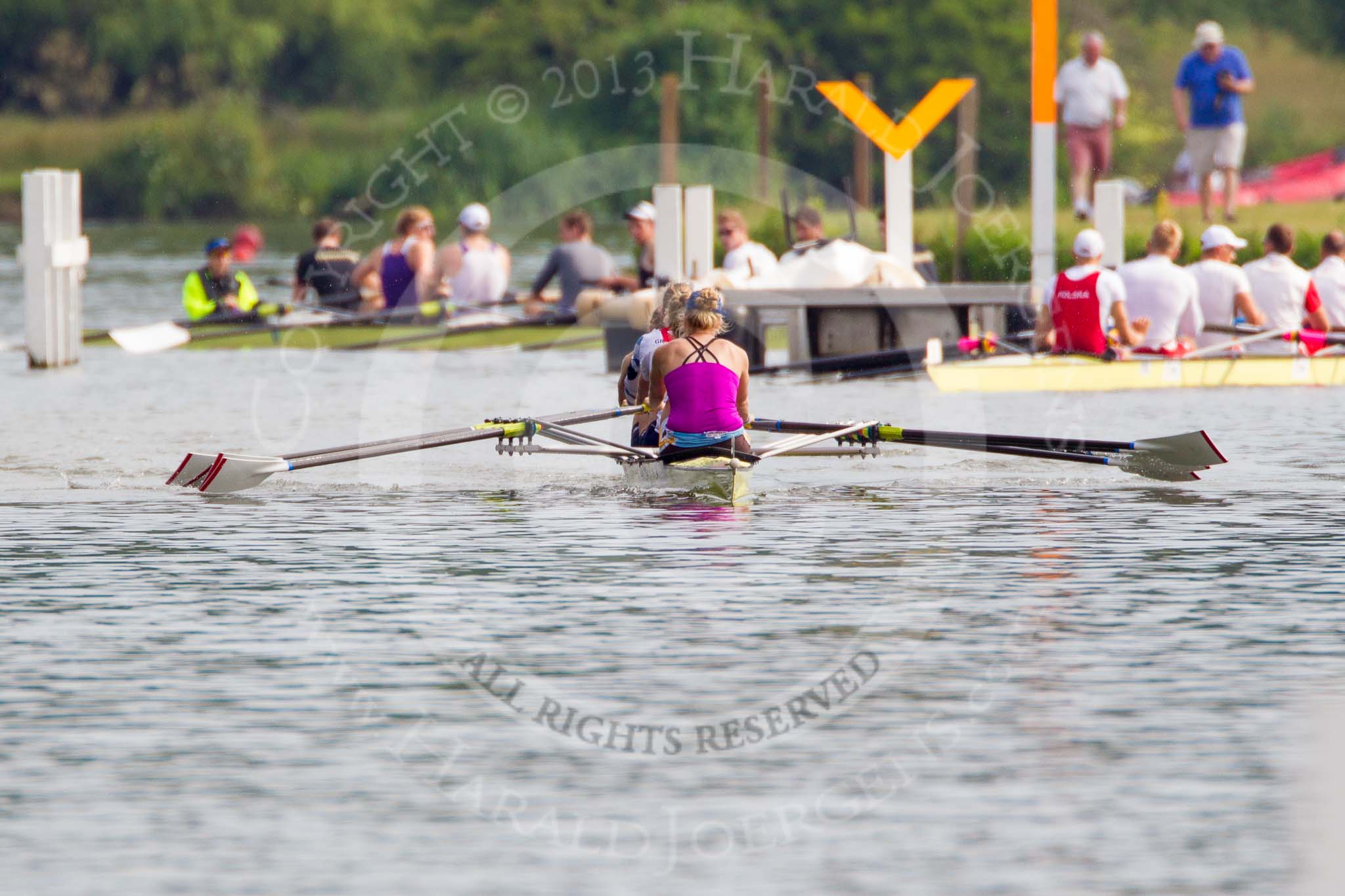 Henley Royal Regatta 2013, Saturday: Leander Club and Minerva Bath Rowing Club during a training session in the morning: Polly Swann, Victoria Meyer-Laker, Francis Houghton and Helen Glover. Image #38, 06 July 2013 09:10 River Thames, Henley on Thames, UK