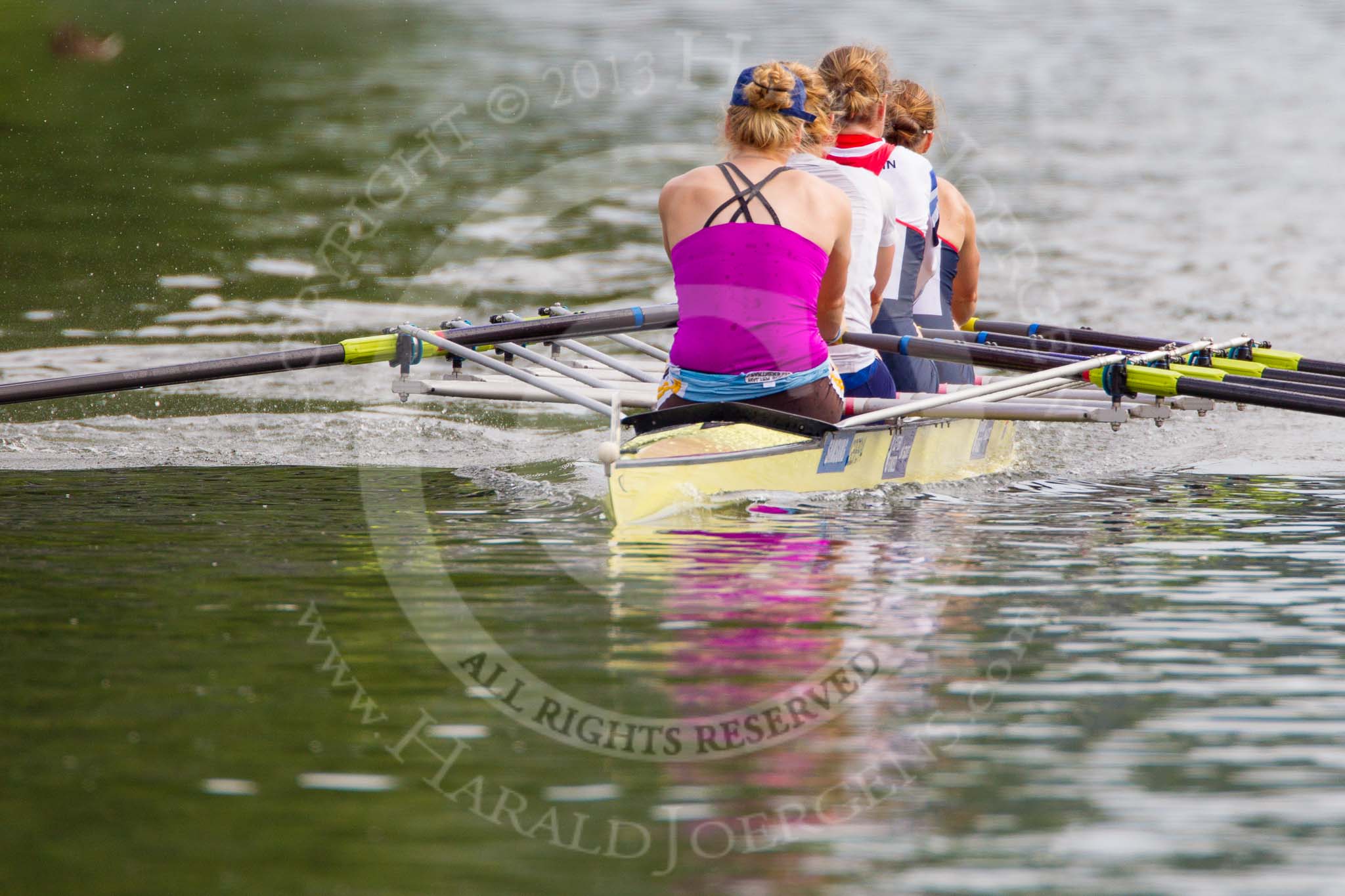 Henley Royal Regatta 2013, Saturday: Leander Club and Minerva Bath Rowing Club during a training session in the morning: Polly Swann, Victoria Meyer-Laker, Francis Houghton and Helen Glover. Image #41, 06 July 2013 09:10 River Thames, Henley on Thames, UK