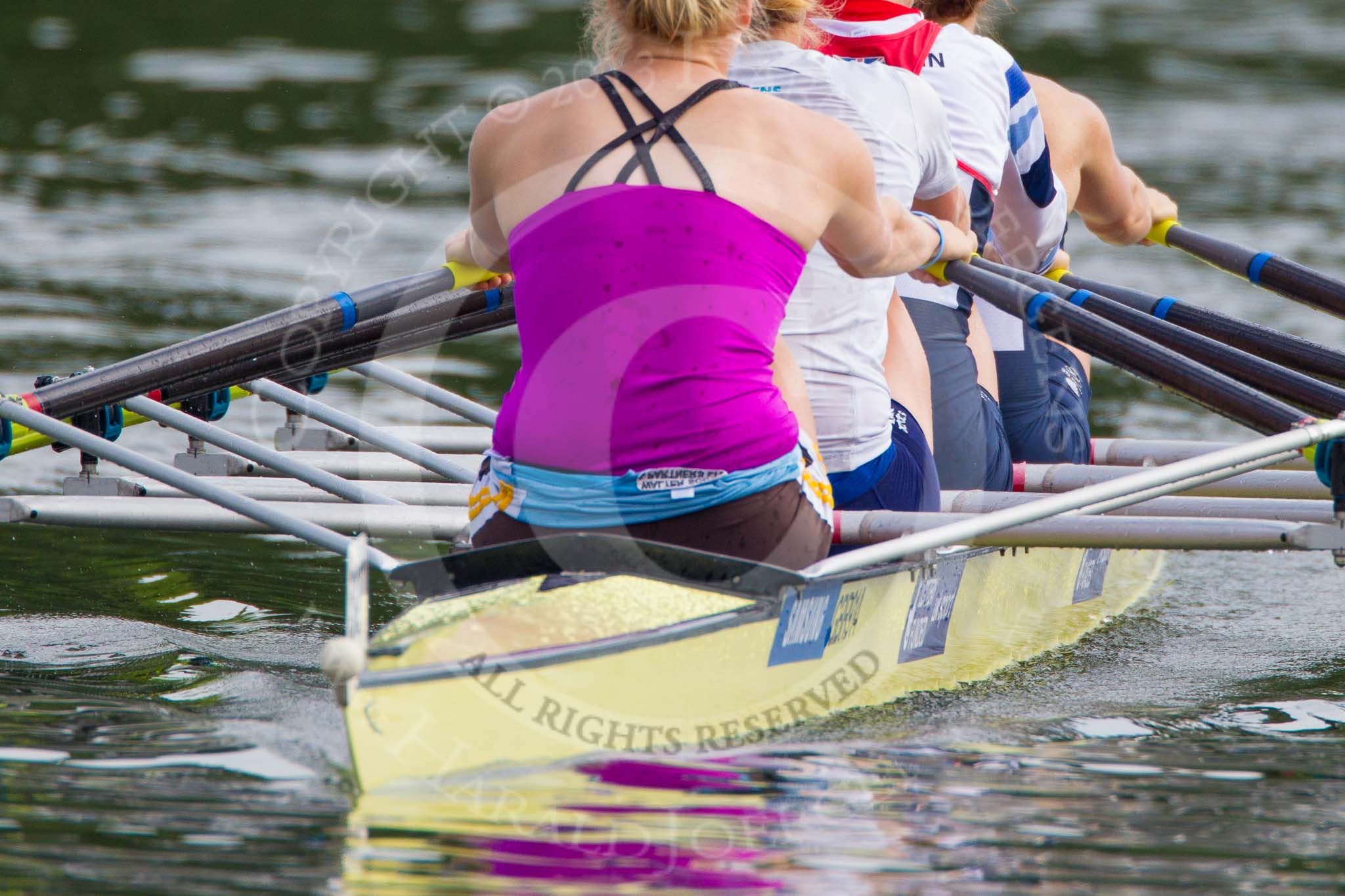 Henley Royal Regatta 2013, Saturday: Leander Club and Minerva Bath Rowing Club during a training session in the morning: Polly Swann, Victoria Meyer-Laker, Francis Houghton and Helen Glover. Image #43, 06 July 2013 09:11 River Thames, Henley on Thames, UK