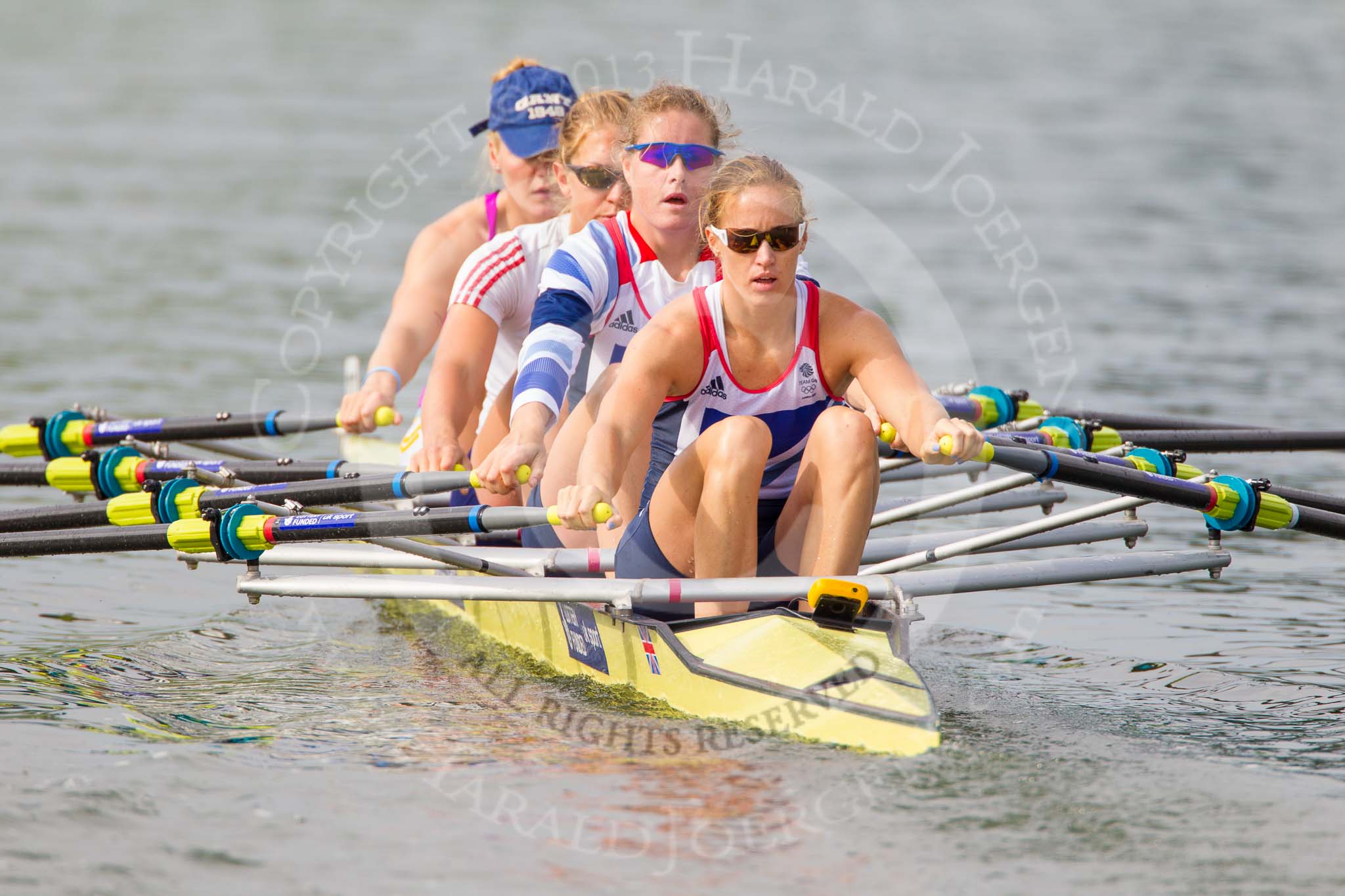 Henley Royal Regatta 2013, Saturday: Leander Club and Minerva Bath Rowing Club during a training session in the morning: Polly Swann, Victoria Meyer-Laker, Francis Houghton and Helen Glover. Image #45, 06 July 2013 09:11 River Thames, Henley on Thames, UK