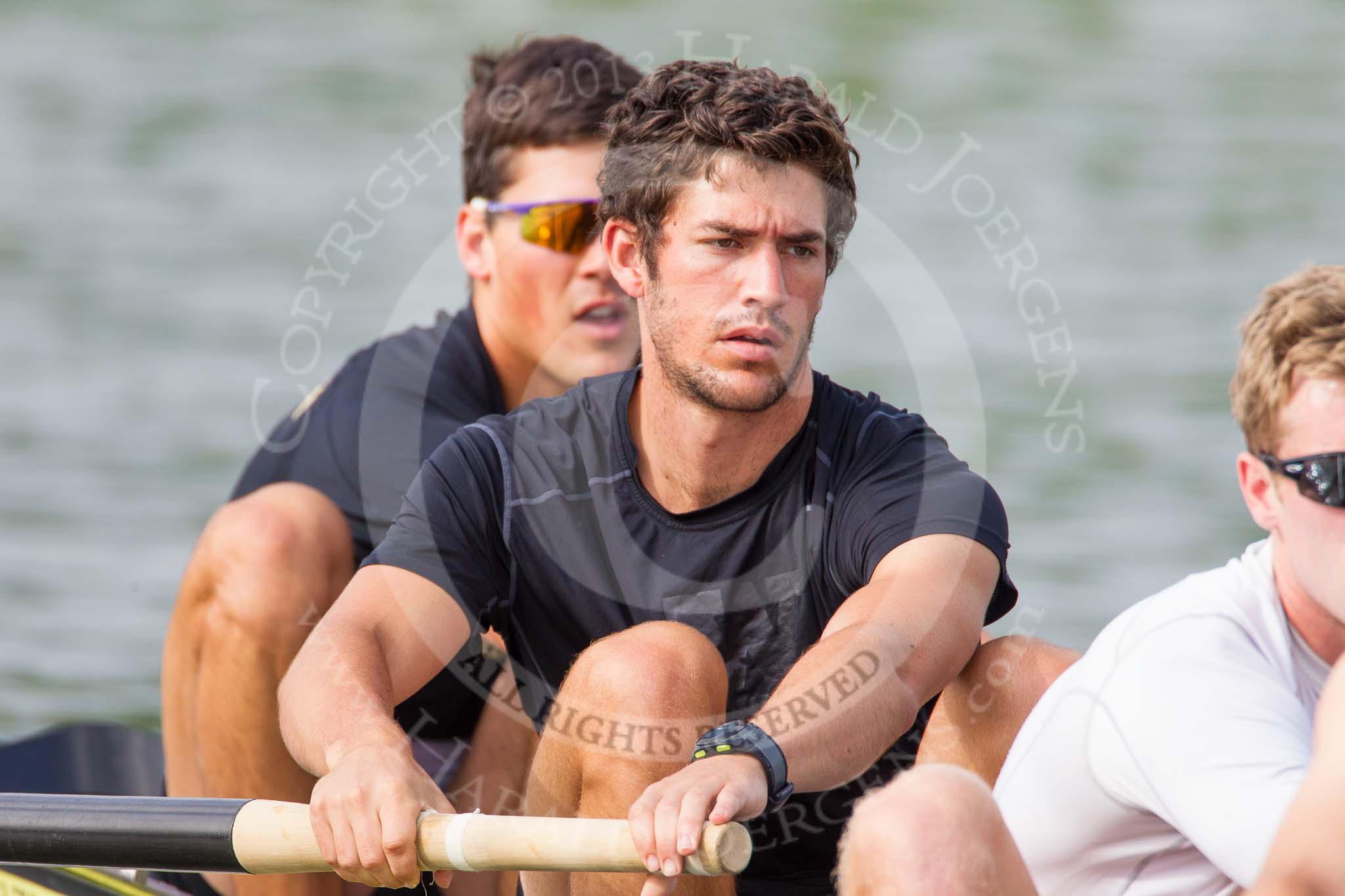 Henley Royal Regatta 2013, Saturday: The University of Washington, U.S.A., eight during a practice session in the morning: At bow A. S. Bunkers, in focus 2 seat R. T. Schroeder. Image #47, 06 July 2013 09:13 River Thames, Henley on Thames, UK