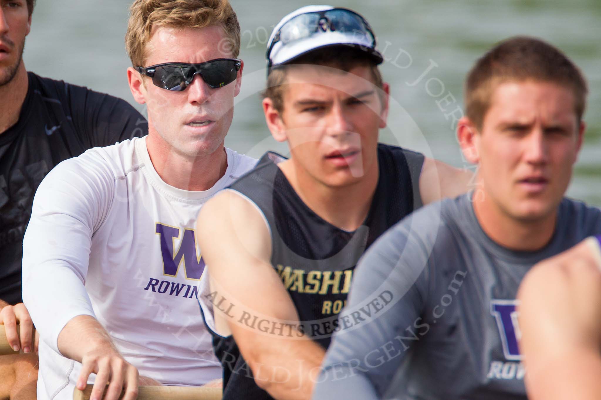 Henley Royal Regatta 2013, Saturday: The University of Washington, U.S.A., eight during a practice session in the morning: With the white shirt 3 seat S. C. Dommer. Image #48, 06 July 2013 09:13 River Thames, Henley on Thames, UK